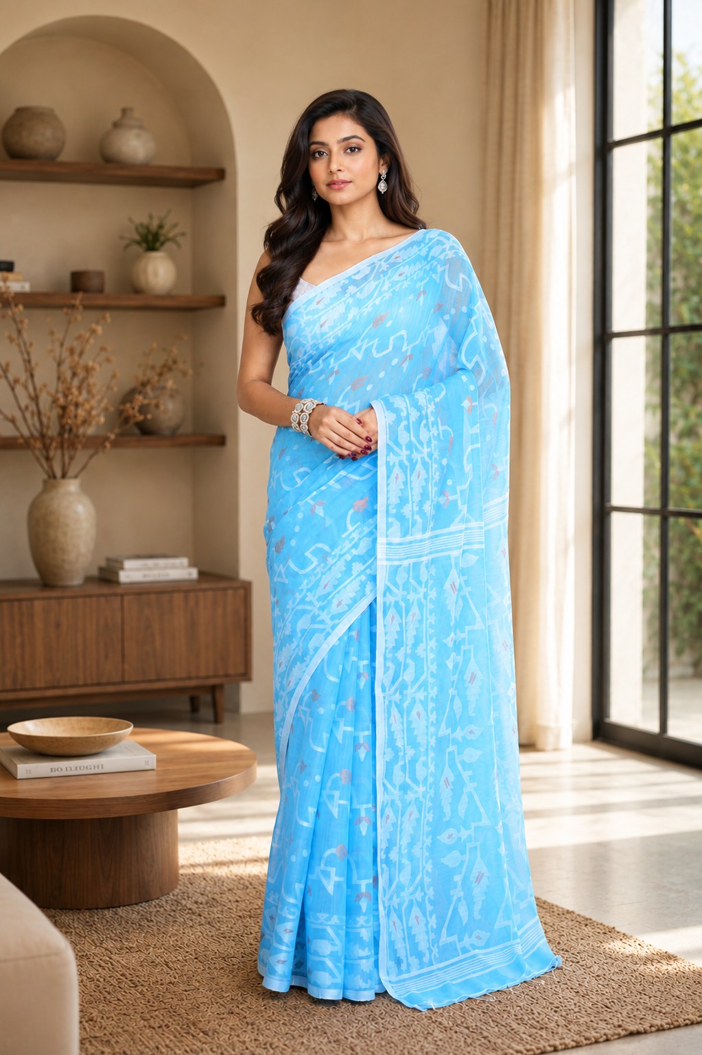 Women Cotton Blend Turquoise Woven  Saree