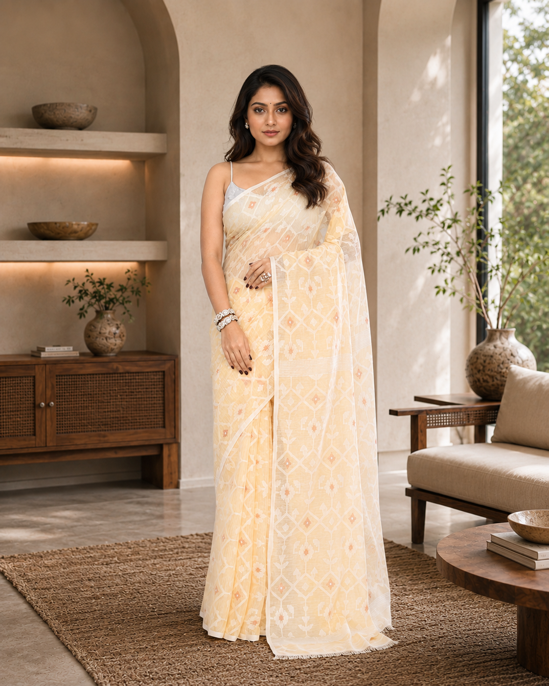 Women Cotton Blend Cream Woven  Saree