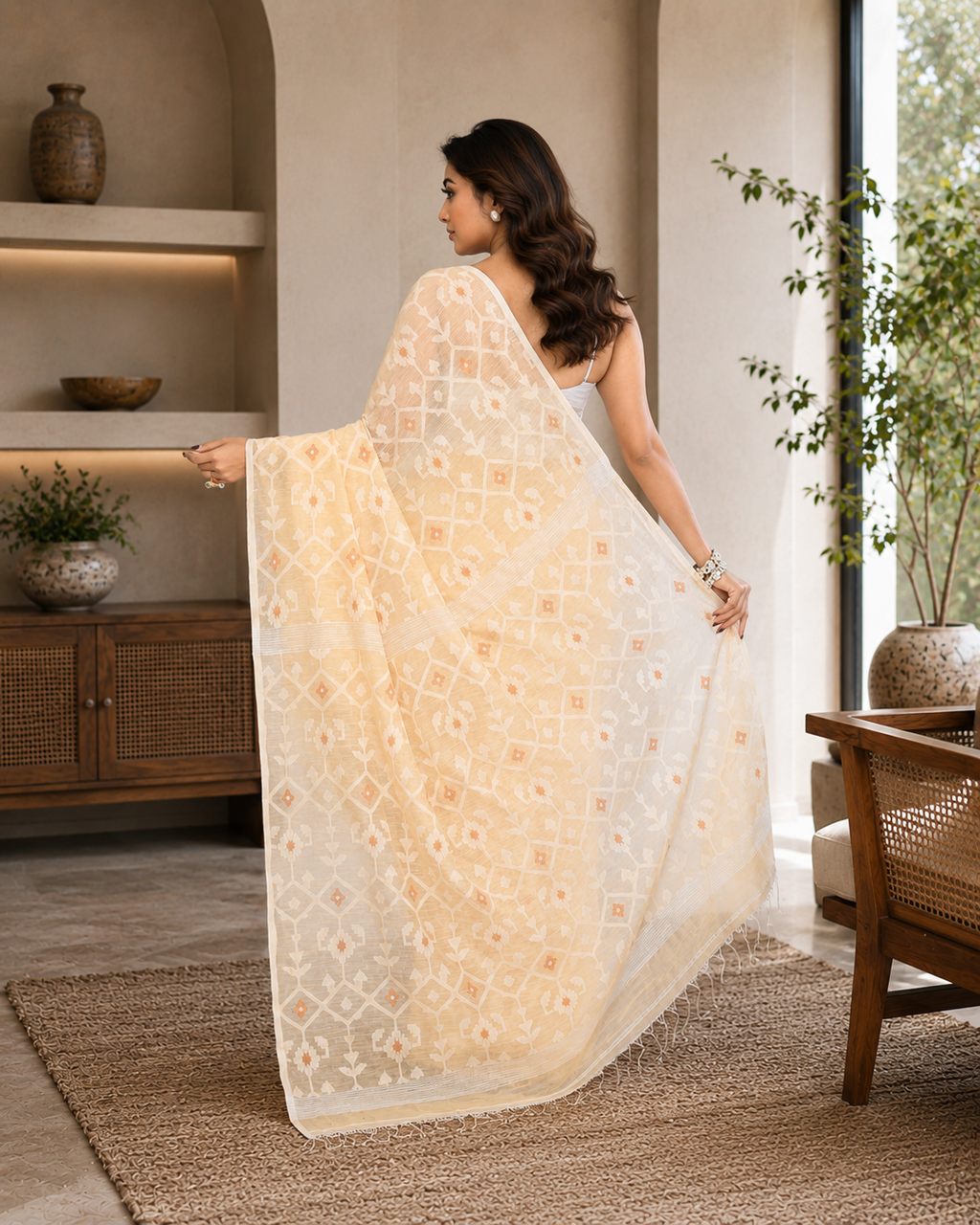 Women Cotton Blend Cream Woven  Saree
