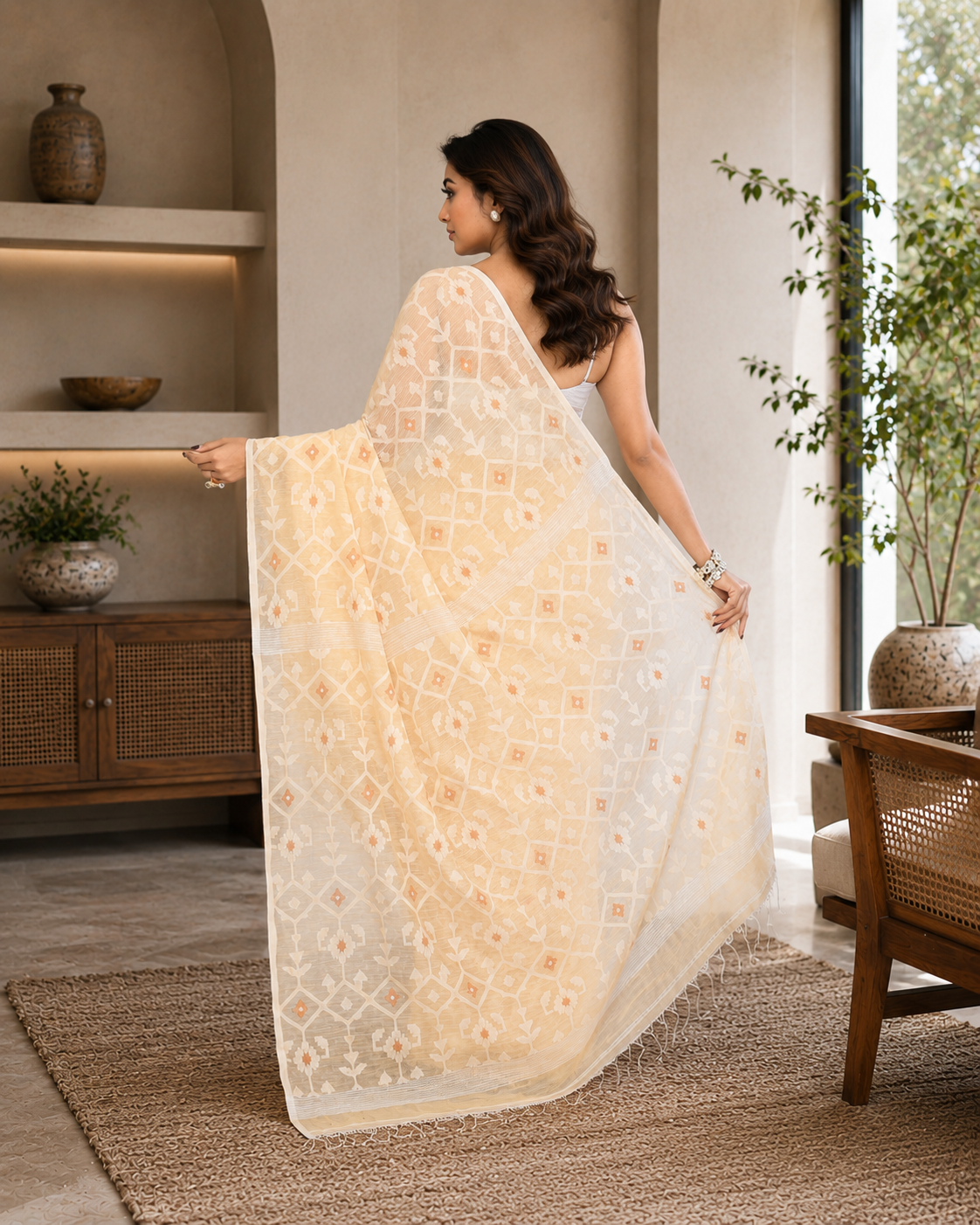 Women Cotton Blend Cream Woven  Saree