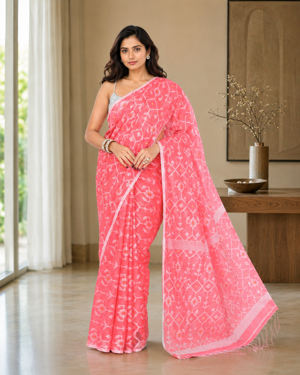 Women Cotton Blend Salmon Woven  Saree