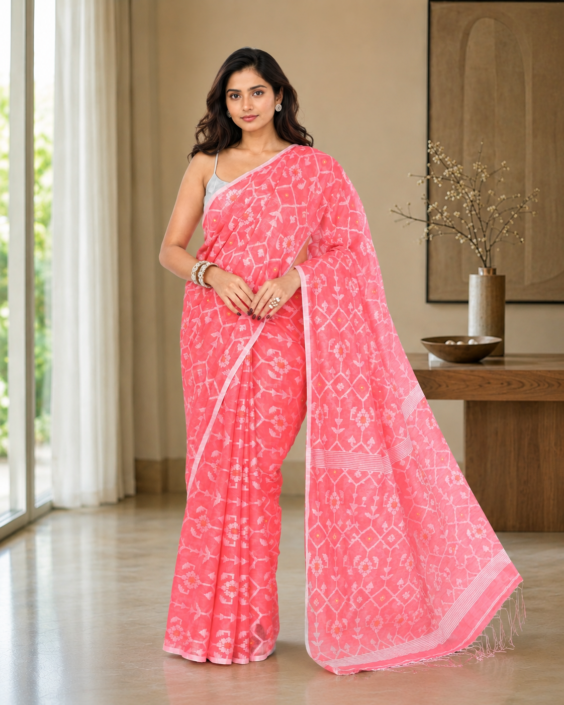 Women Cotton Blend Salmon Woven  Saree