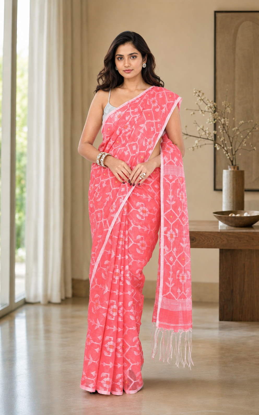 Women Cotton Blend Salmon Woven  Saree