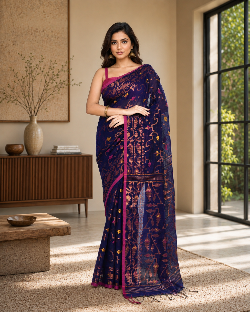 Women Cotton Blend Blue Woven  Saree