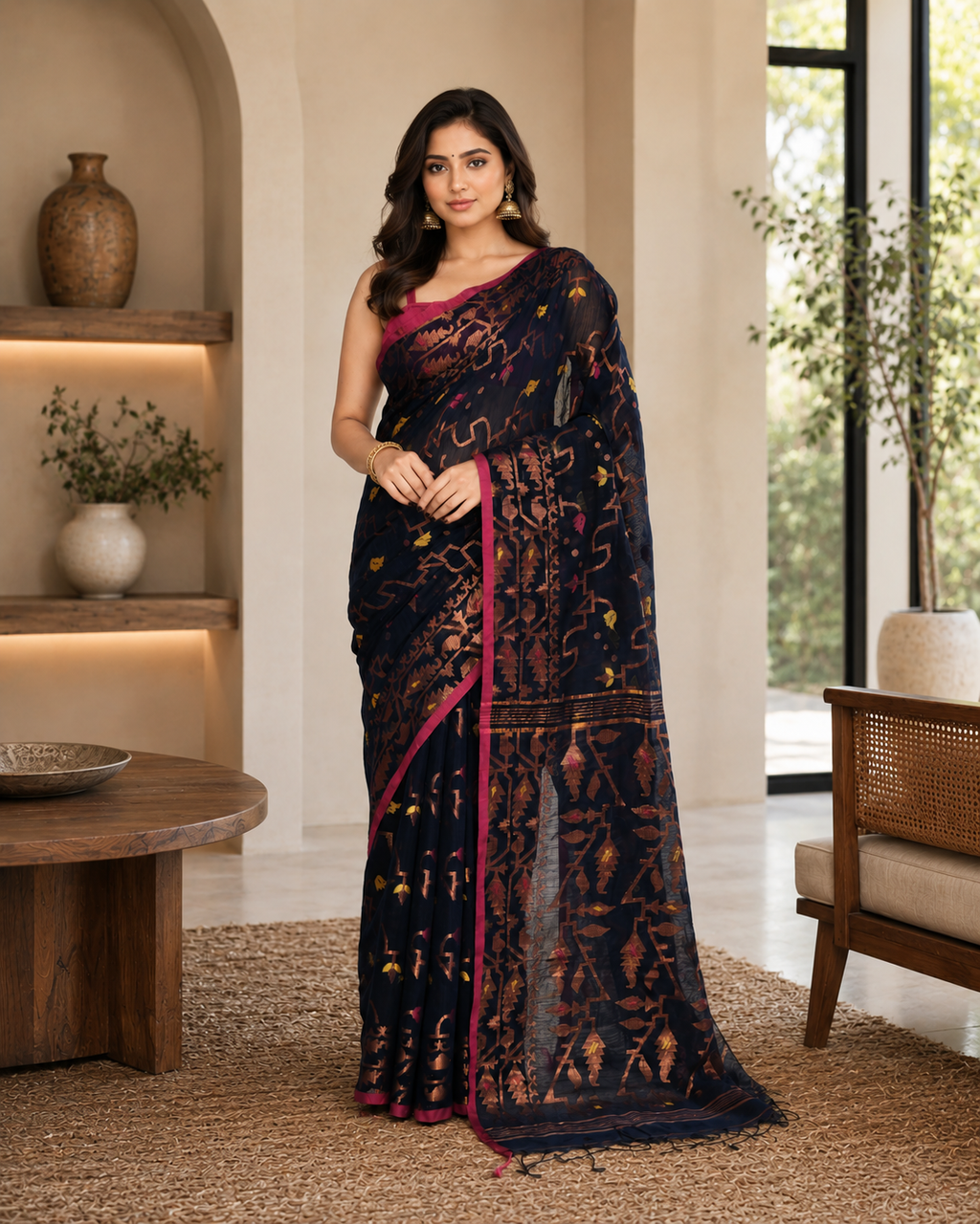 Women Cotton Blend Navy Blue Woven  Saree