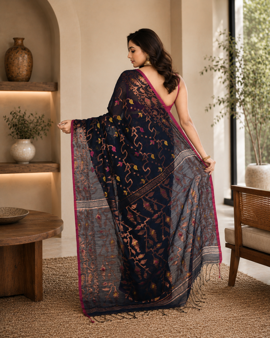 Women Cotton Blend Navy Blue Woven  Saree