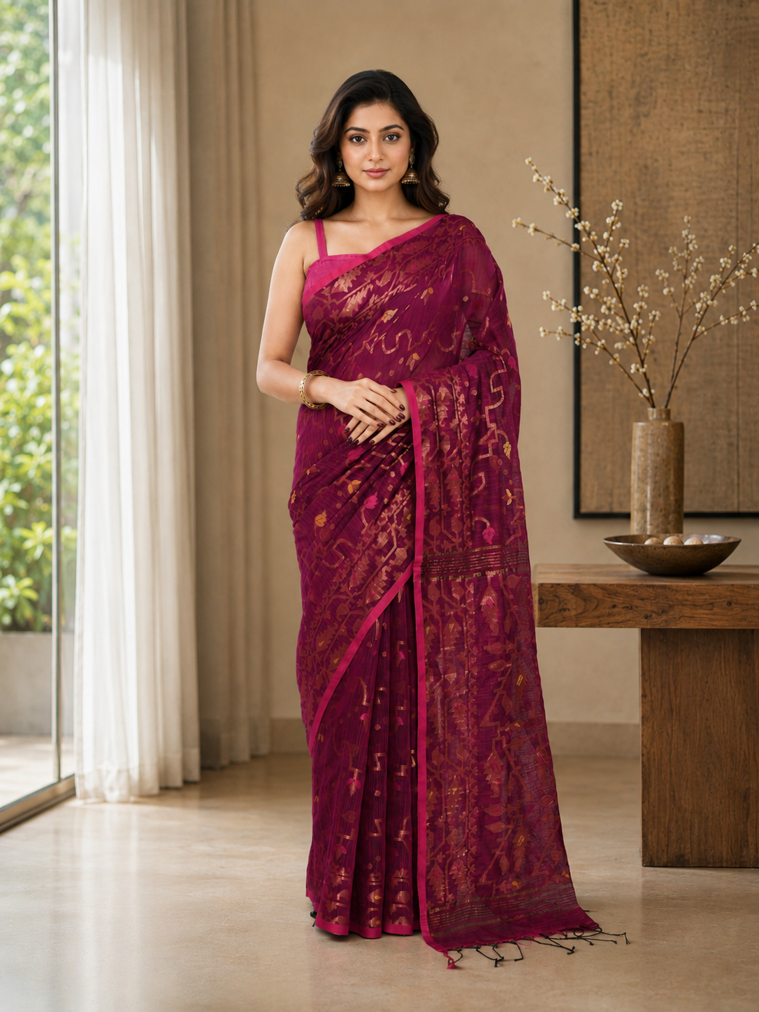 Women Cotton Blend Pink Woven  Saree