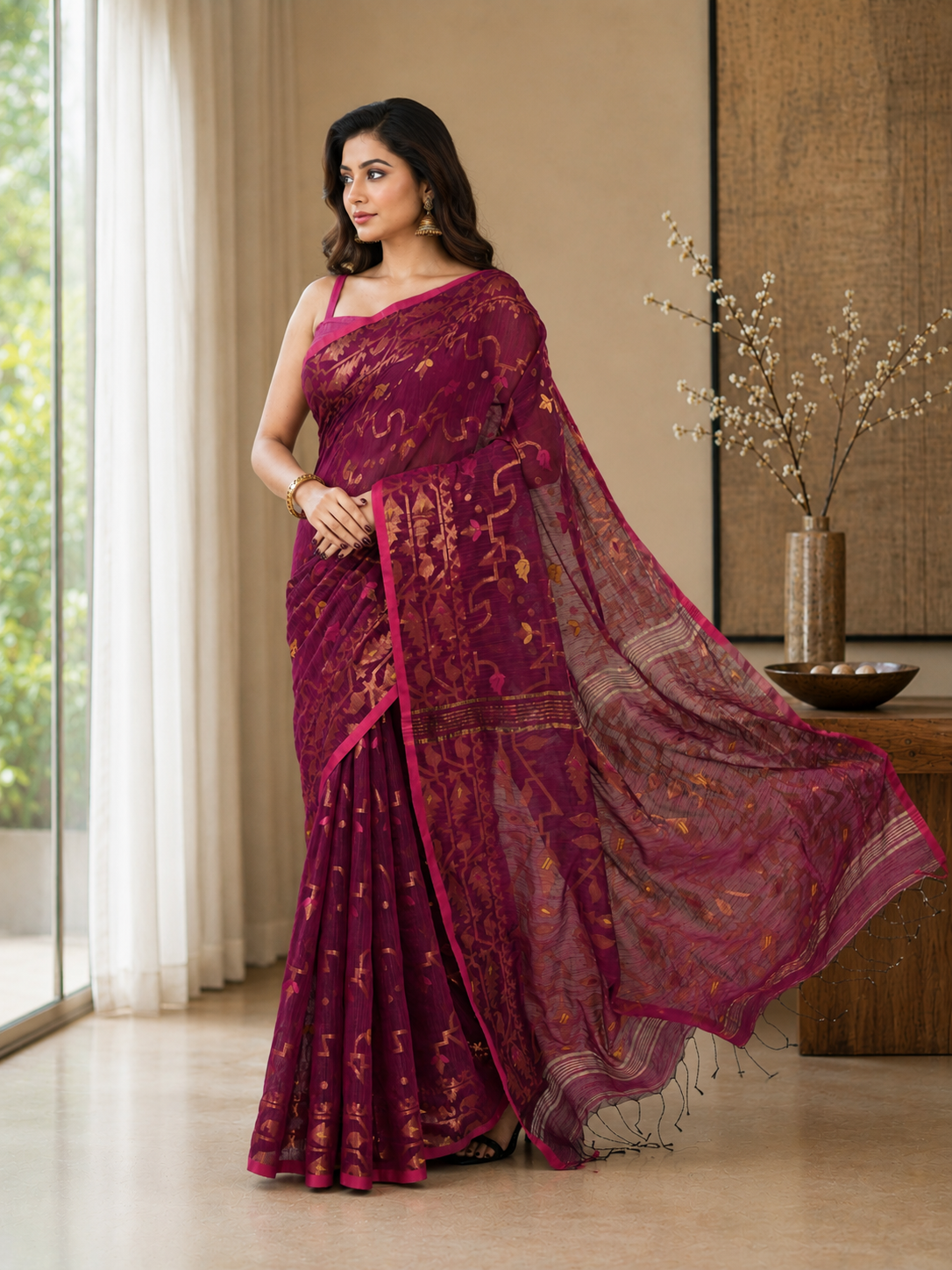 Women Cotton Blend Pink Woven  Saree
