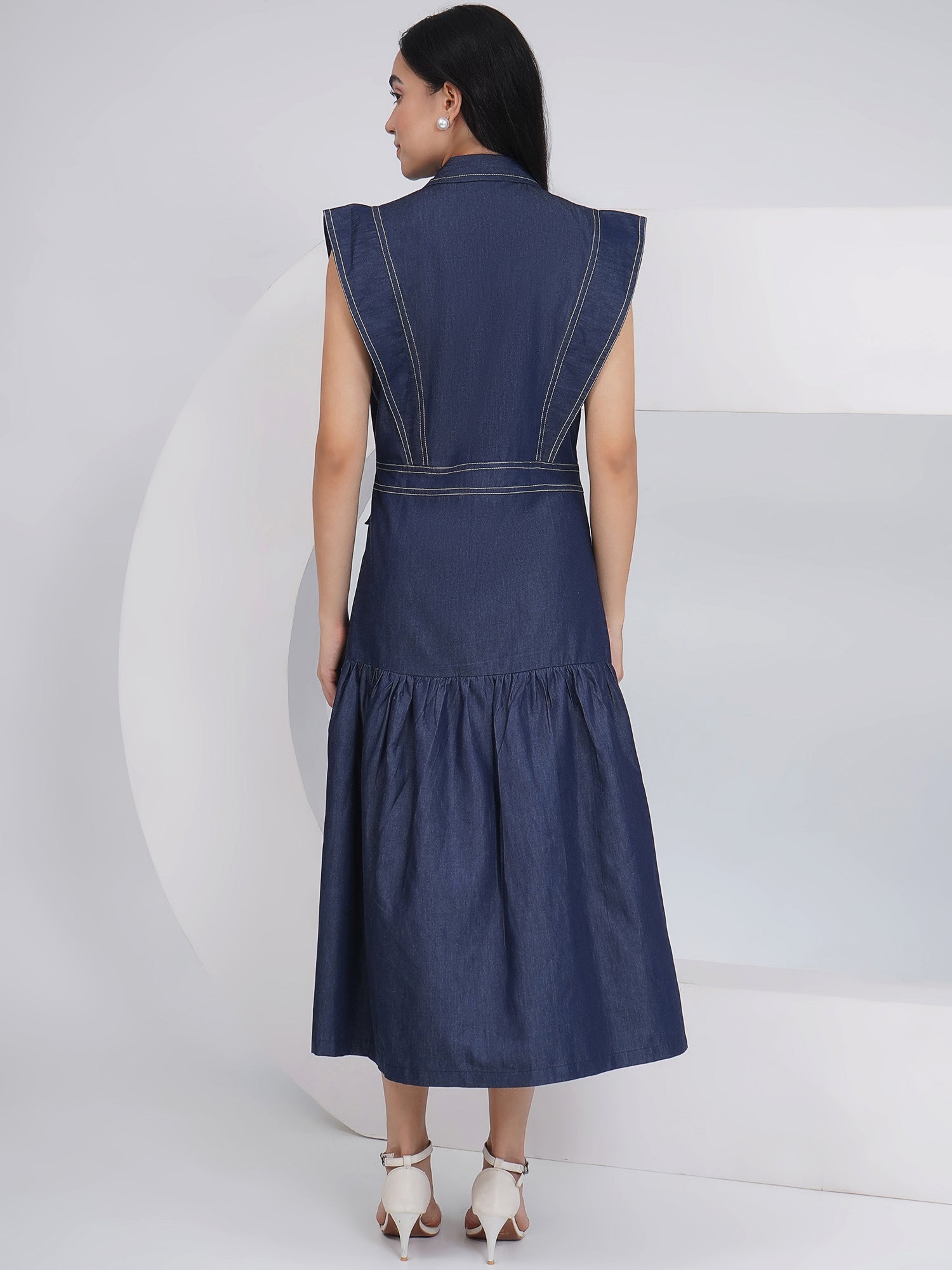 Ethnic Blue Denim Midi Party Wear Dress