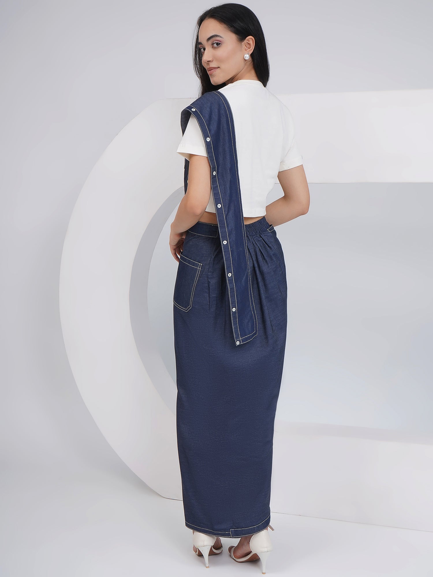 Ethnic Off White Denim Skirt Drape with Top