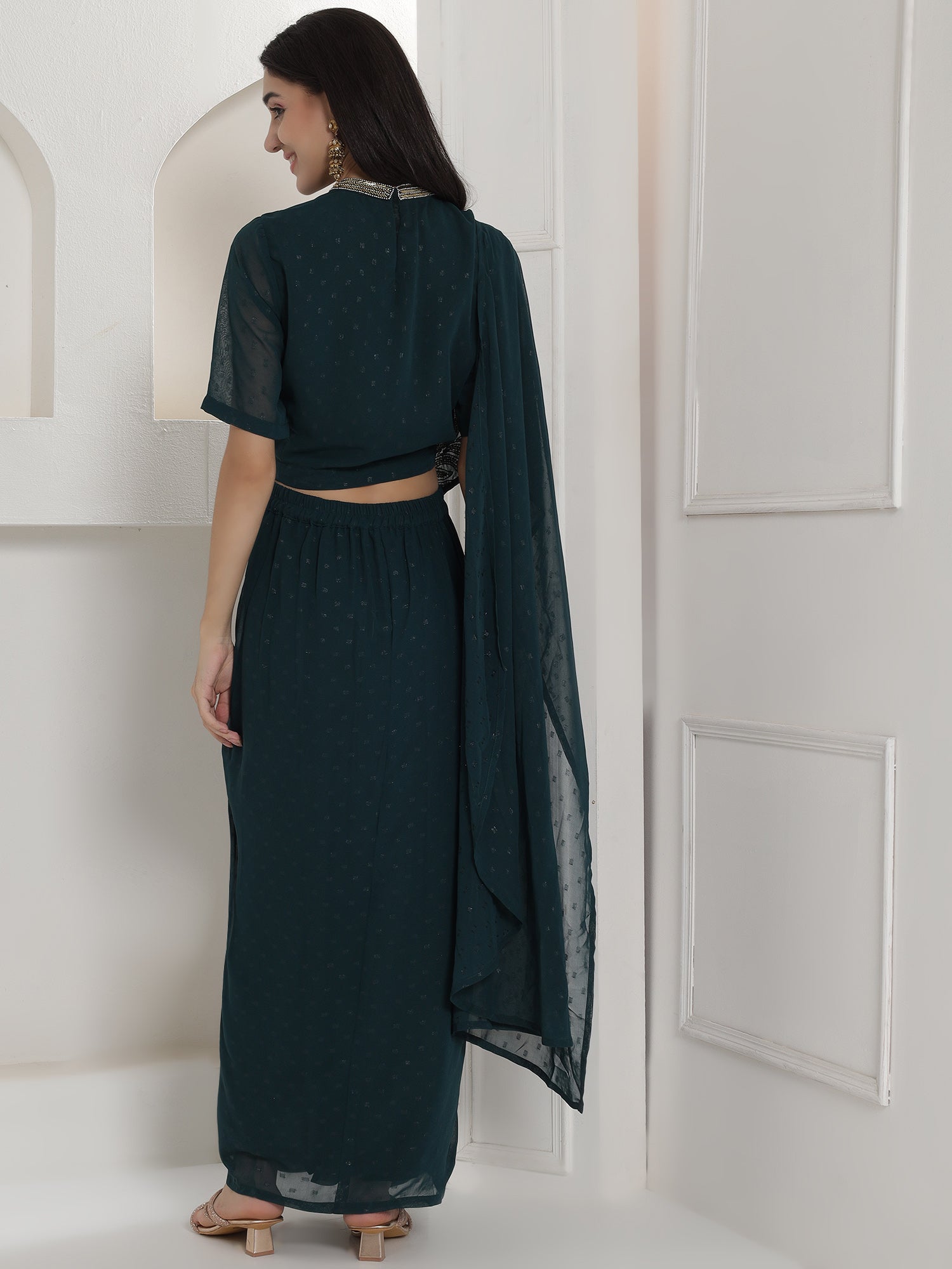 Green Georgette Drape Skirt Set