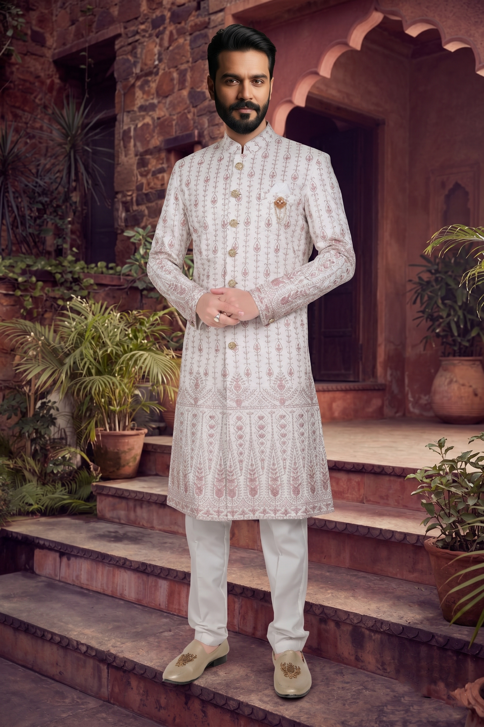 Men's SILK OFF WHITE BASE (GOLD AND PINK   EMBROIDARY)  SHERWANI