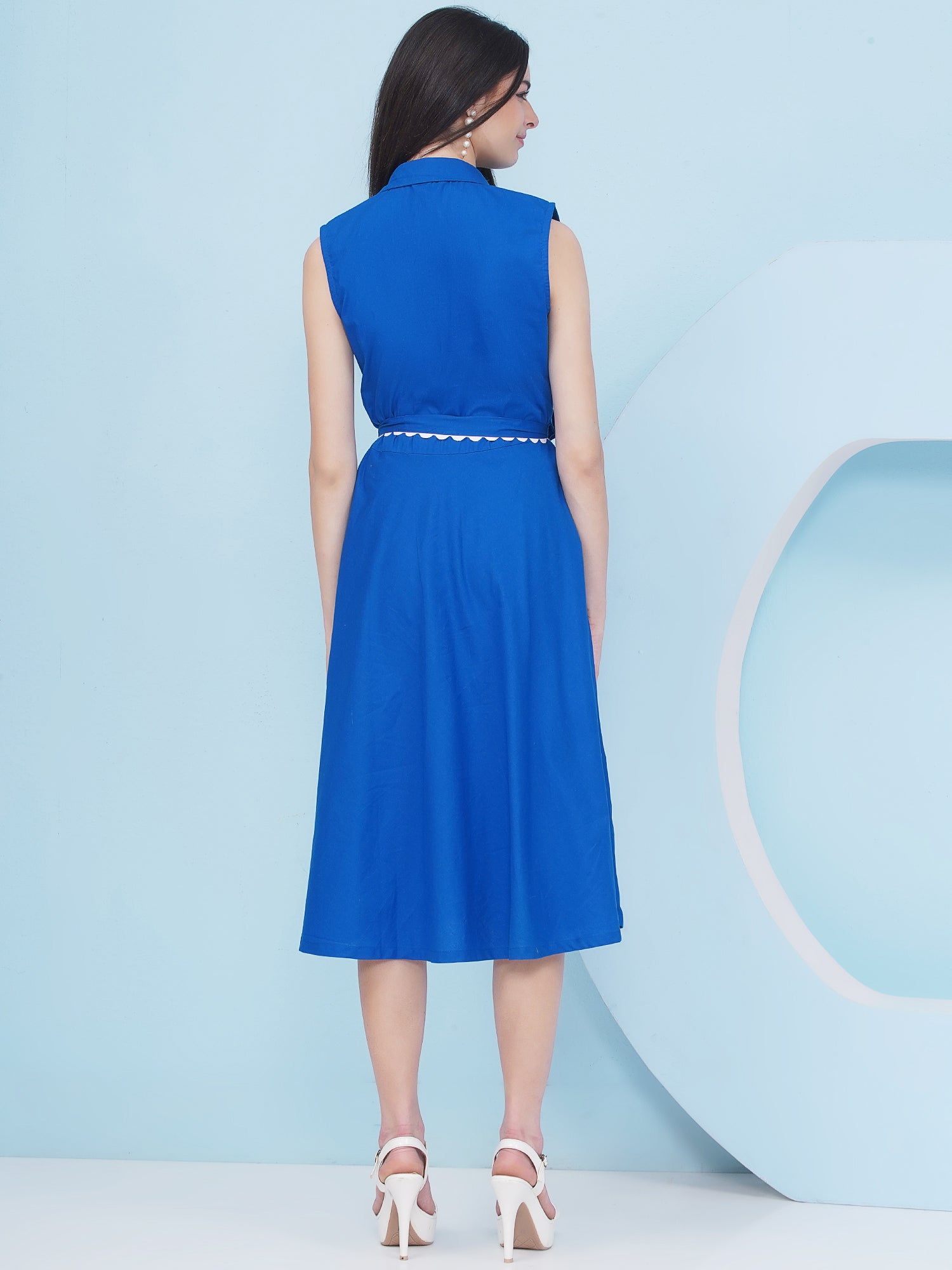 Embroidery Royal Blue Party Wear Dress With Belt