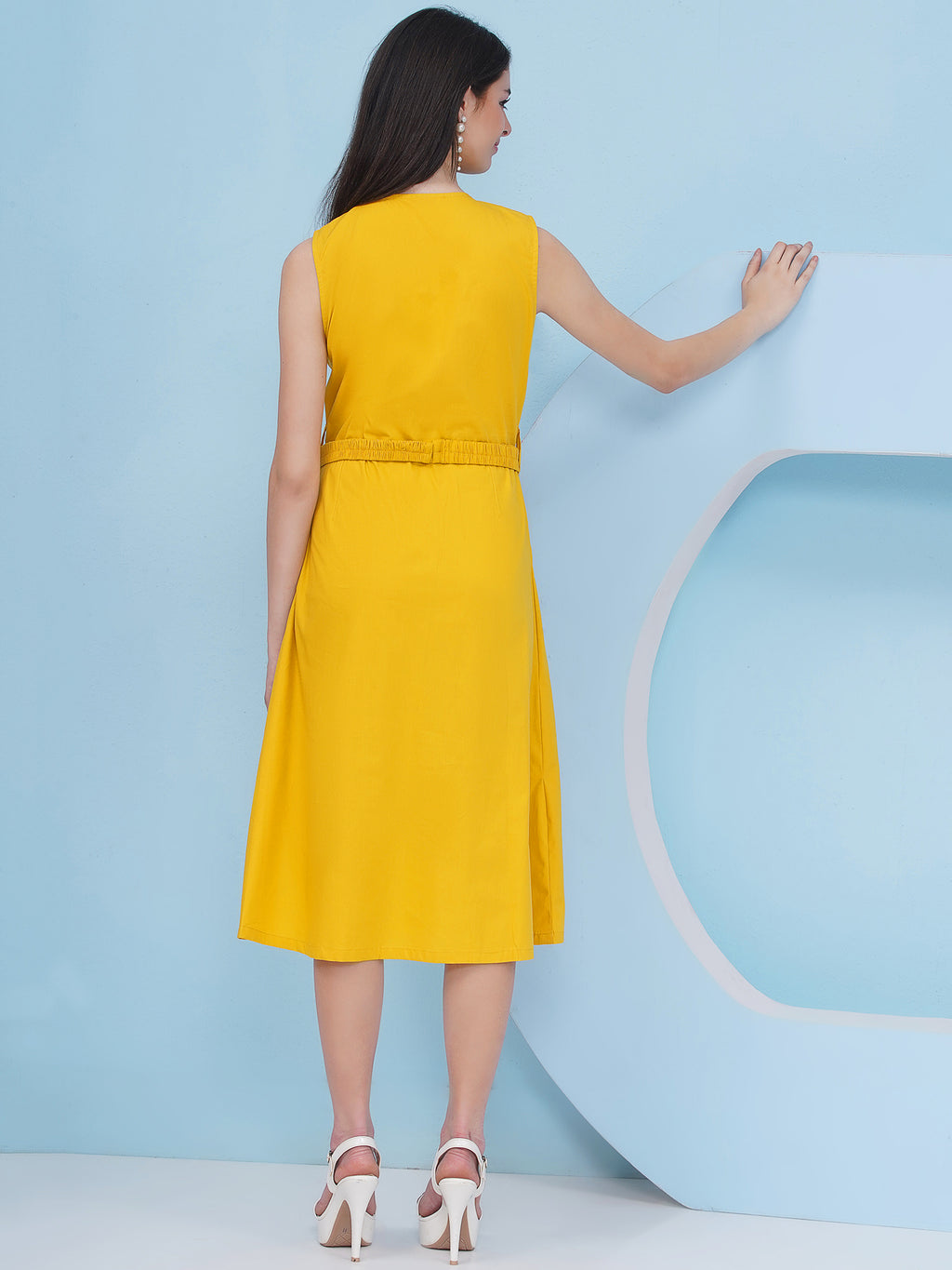 Yellow Party Wear Dress With Belt