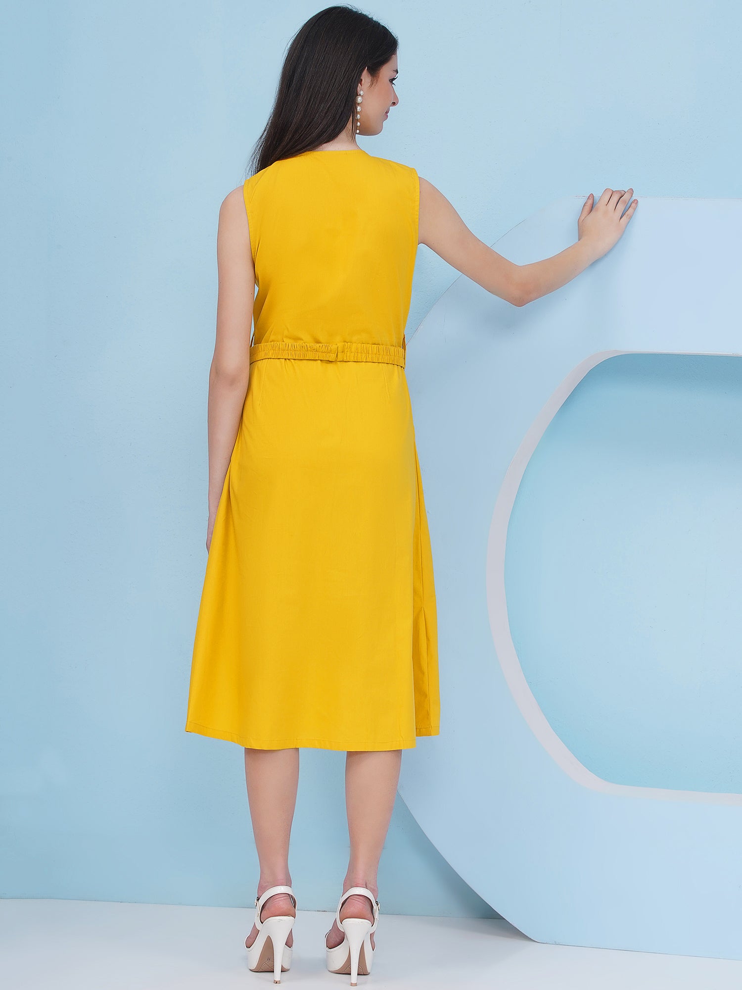 Yellow Party Wear Dress With Belt