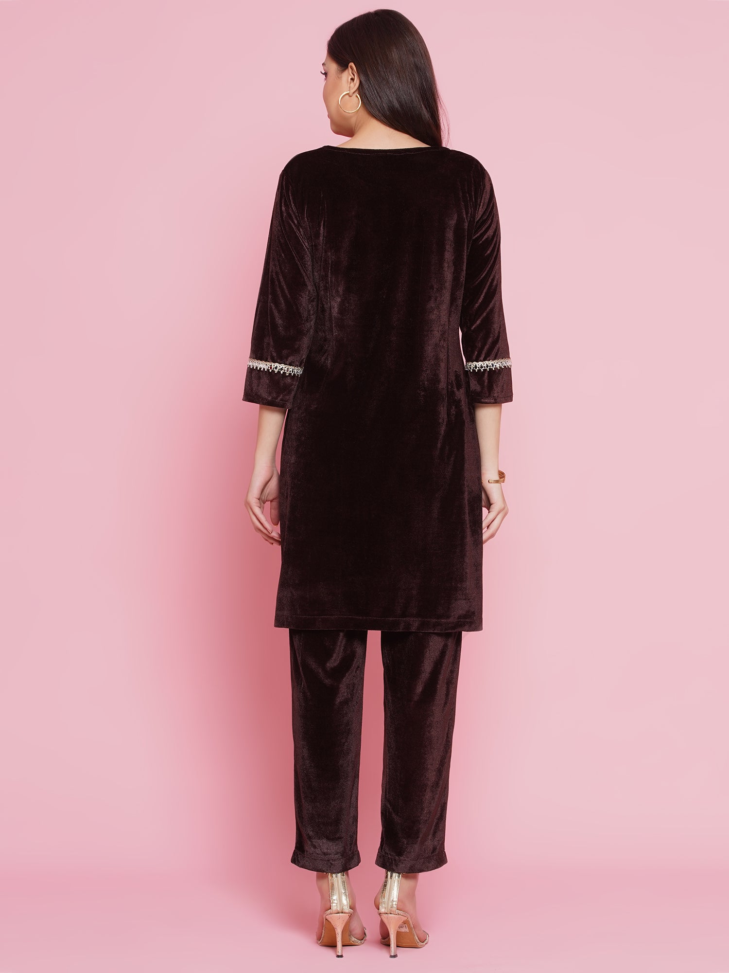 Women Brown Mirrior Work Velvet Coord Set