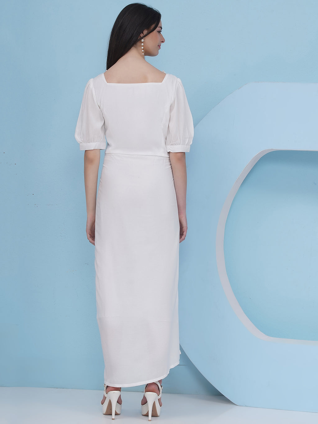 Embroidery White Drape Party Wear Dress