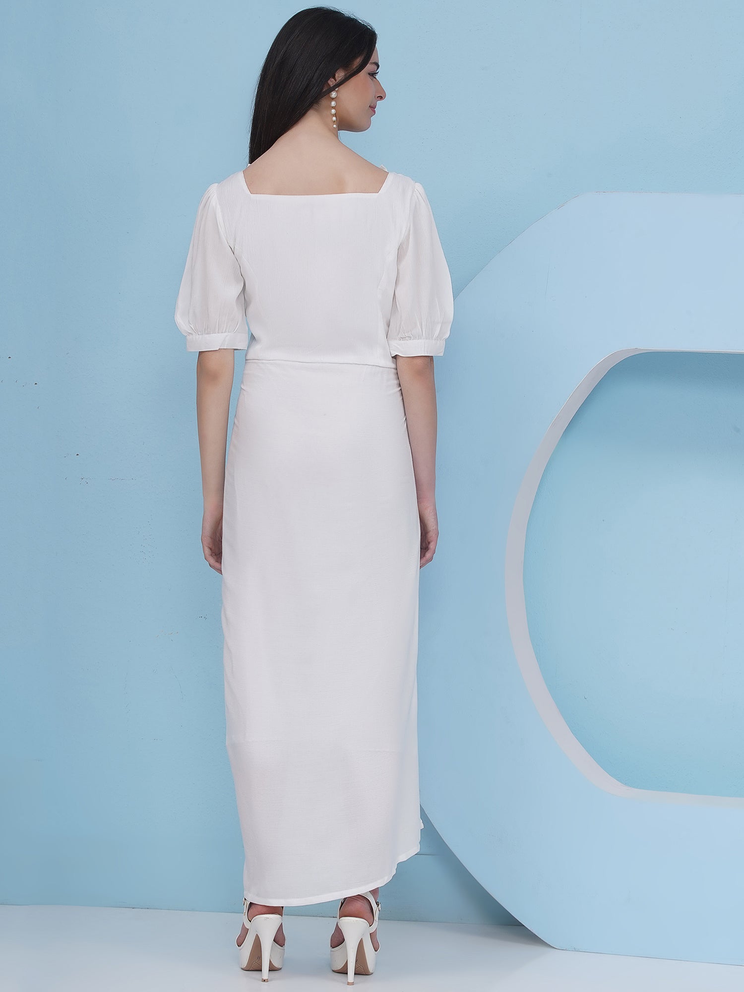 Embroidery White Drape Party Wear Dress