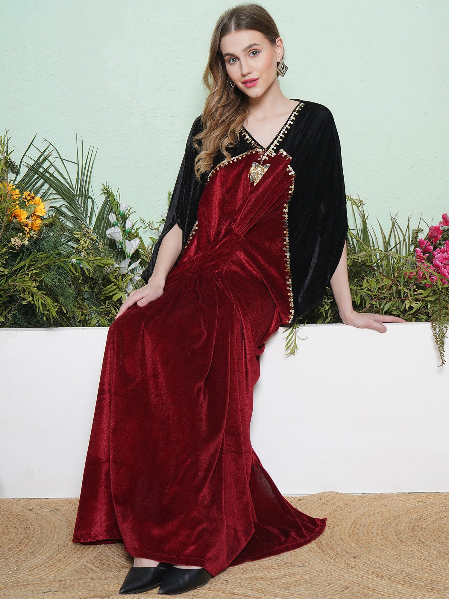 Women Black And Maroon Hand Embellished Gown