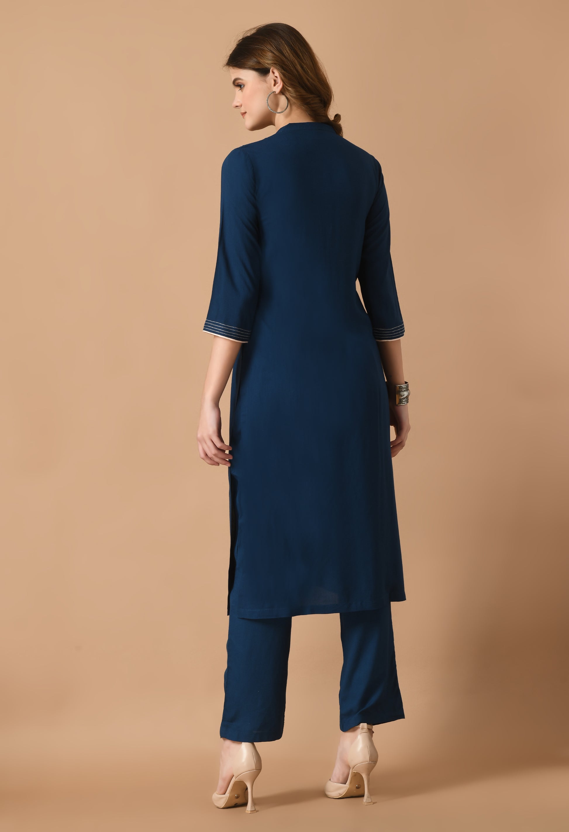 Navy Cotton Embroidery Collar Kurta Set