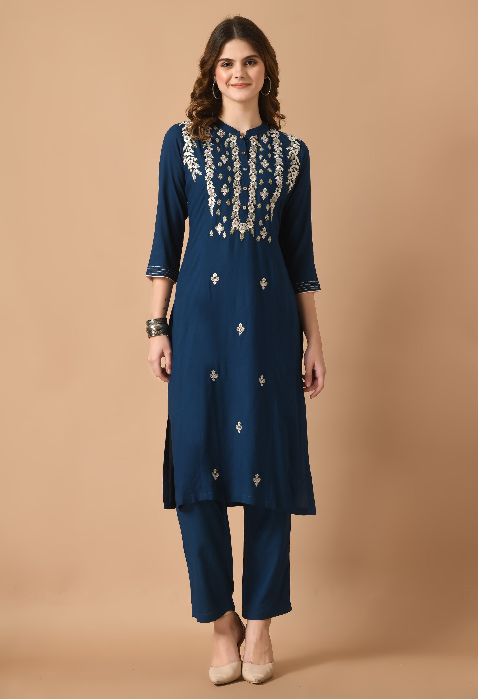 Navy Cotton Embroidery Collar Kurta Set