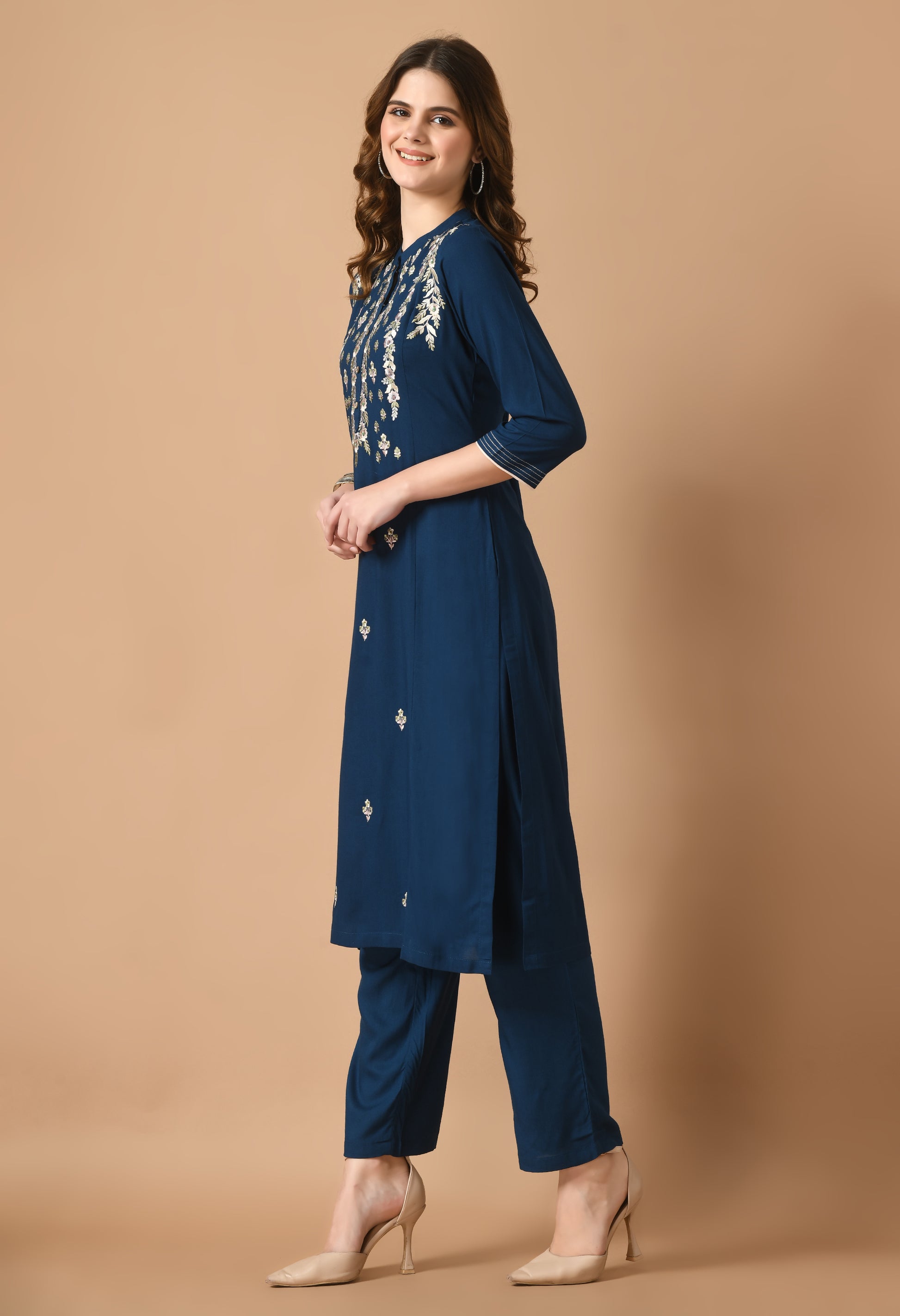 Navy Cotton Embroidery Collar Kurta Set