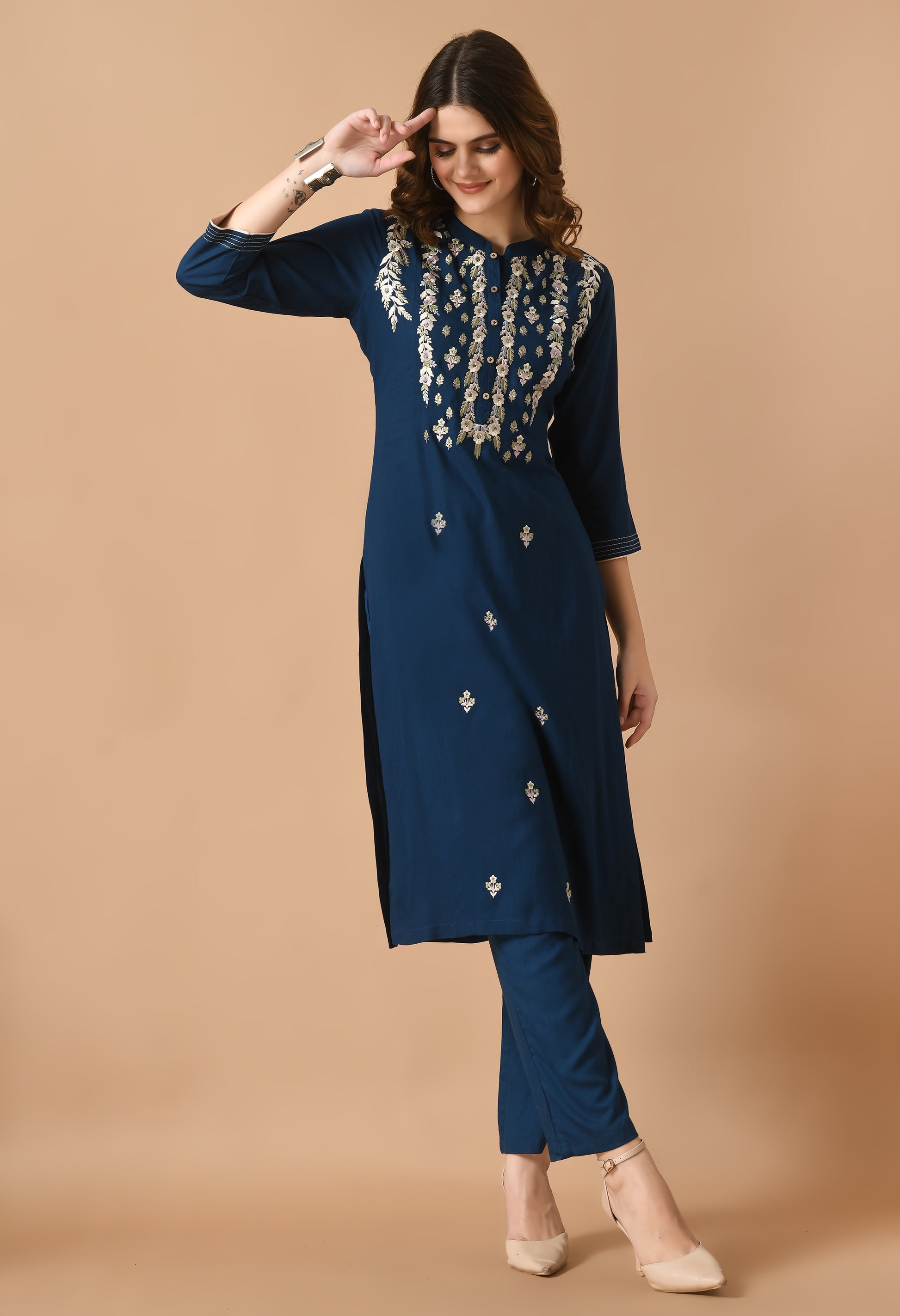 Navy Cotton Embroidery Collar Kurta Set
