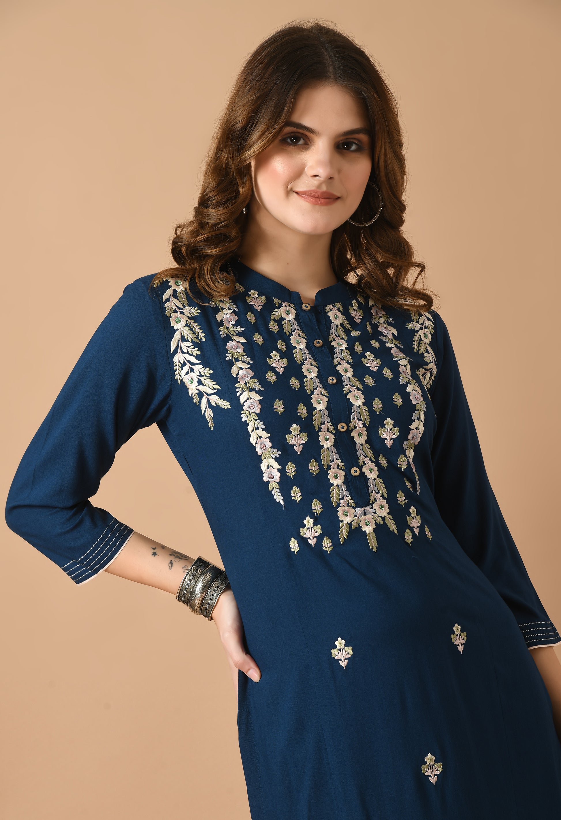 Navy Cotton Embroidery Collar Kurta Set