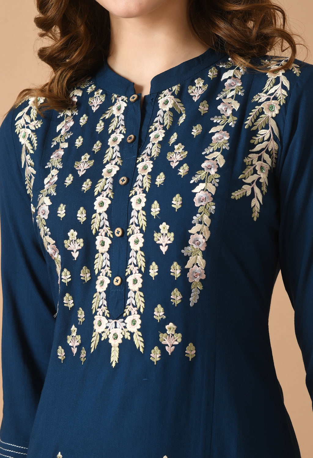 Navy Cotton Embroidery Collar Kurta Set