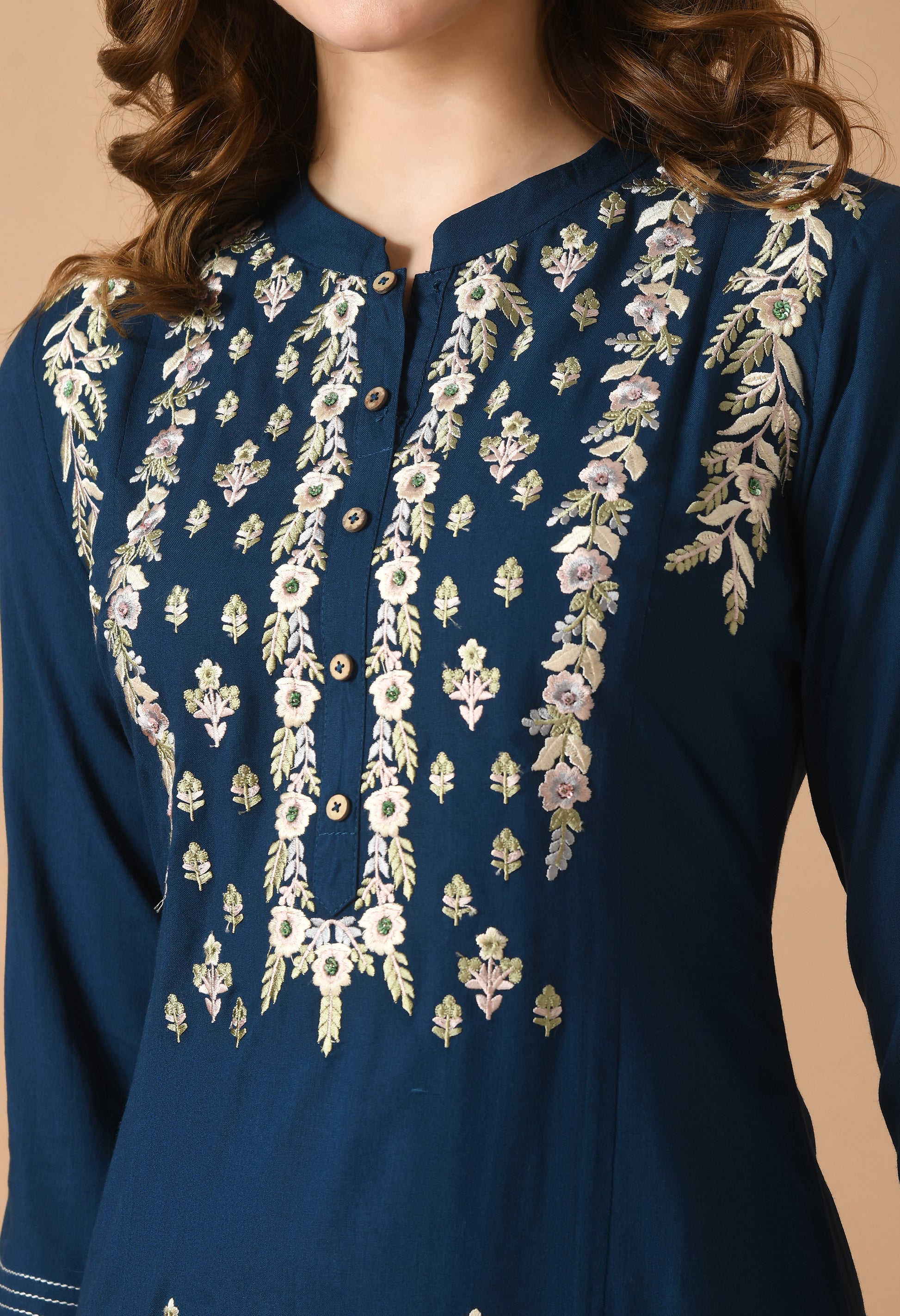 Navy Cotton Embroidery Collar Kurta Set