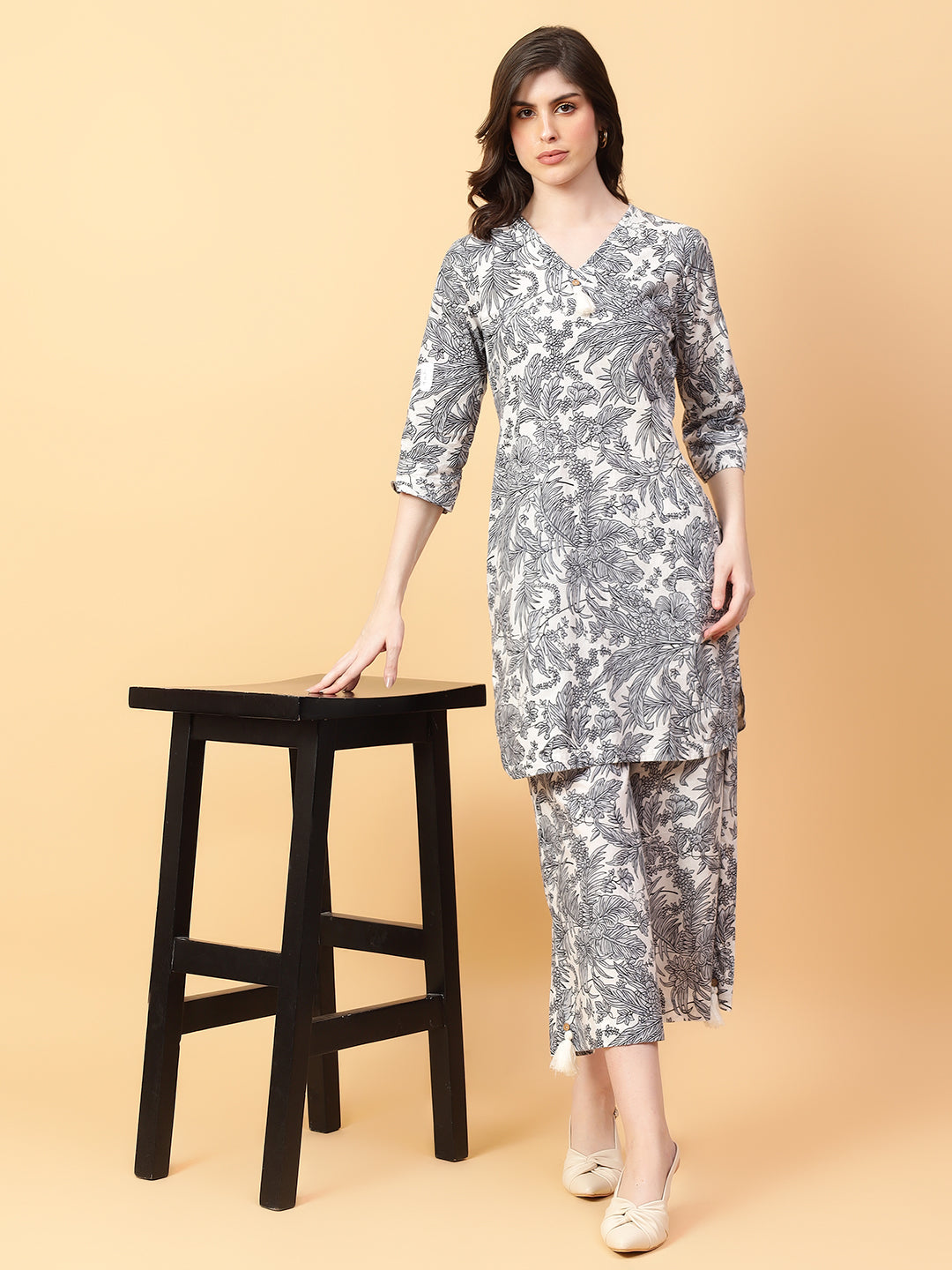 Grey Cotton Printed & Hand Work Co-ord Set (Set of 2)