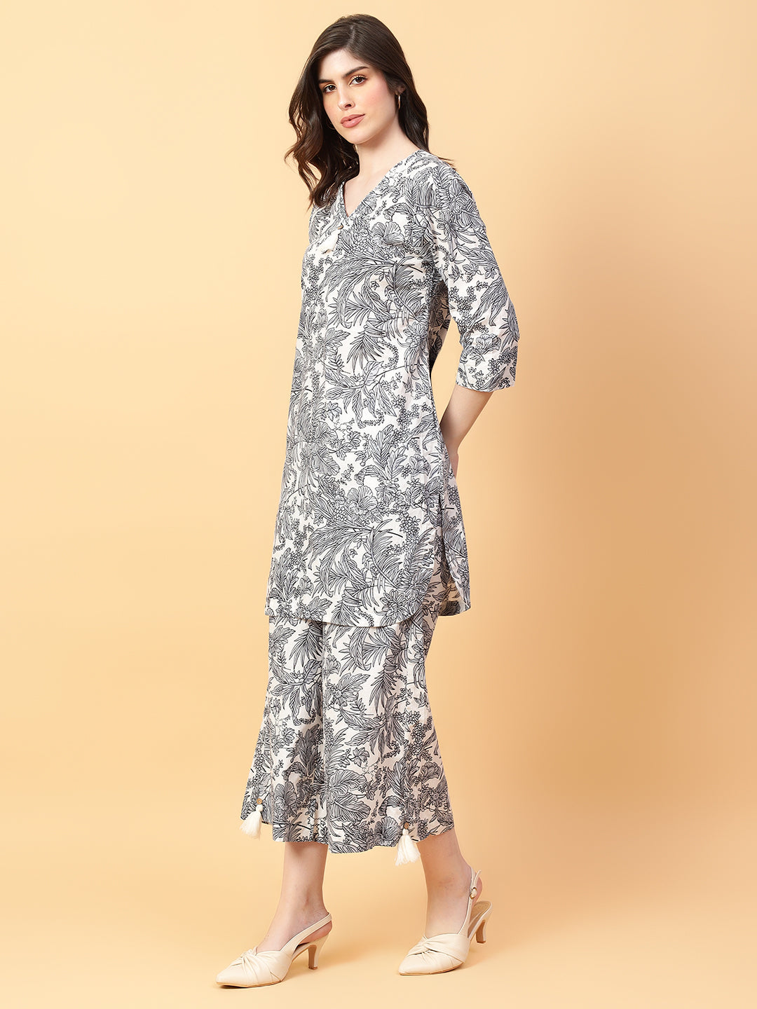 Grey Cotton Printed & Hand Work Co-ord Set (Set of 2)