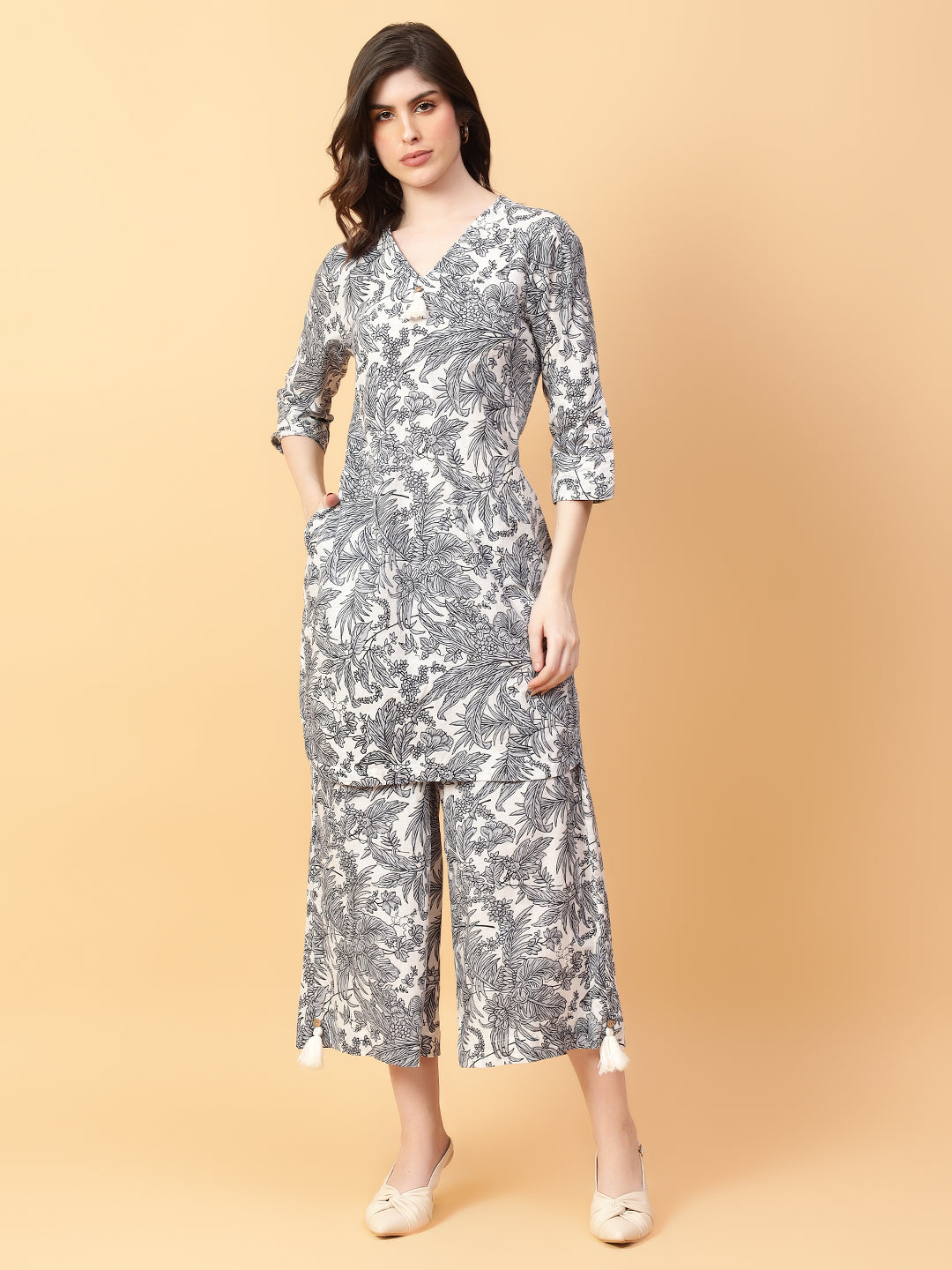 Grey Cotton Printed & Hand Work Co-ord Set (Set of 2)