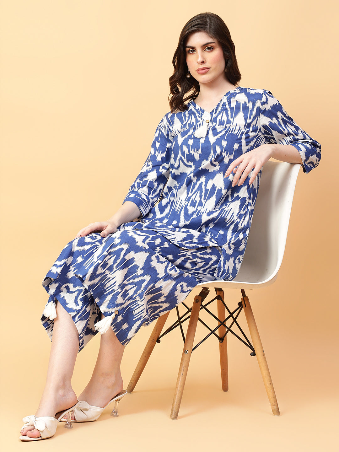 Blue Cotton Printed & Hand Work Co-Ord Set (Set of 2)