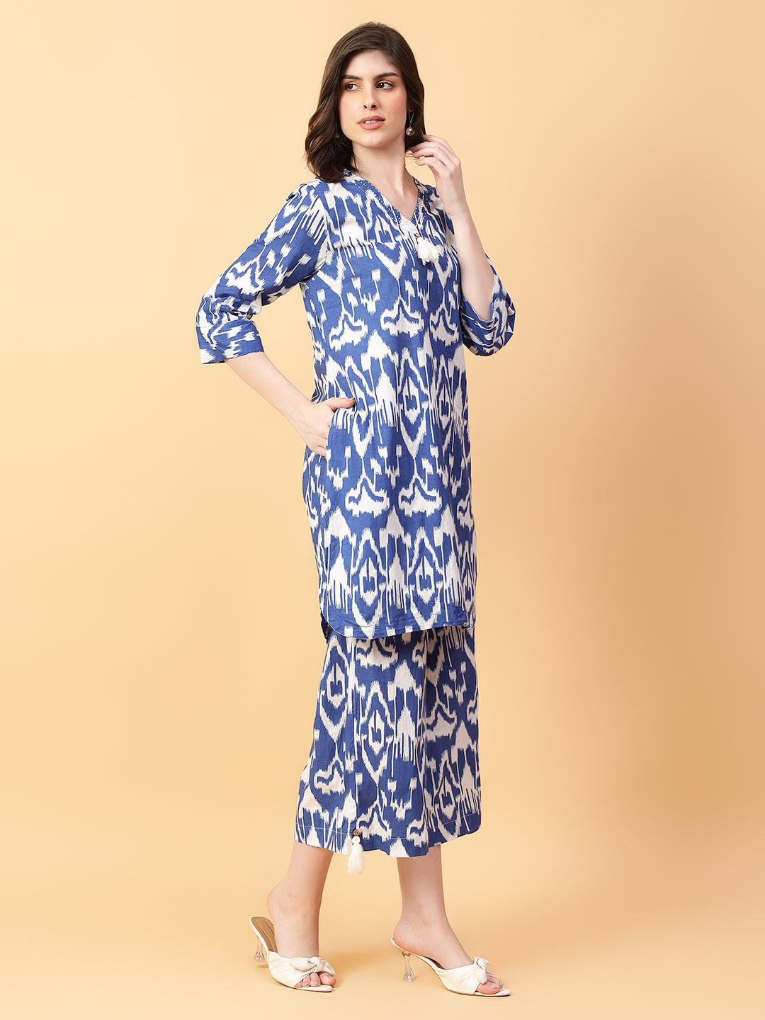 Blue Cotton Printed & Hand Work Co-Ord Set (Set of 2)