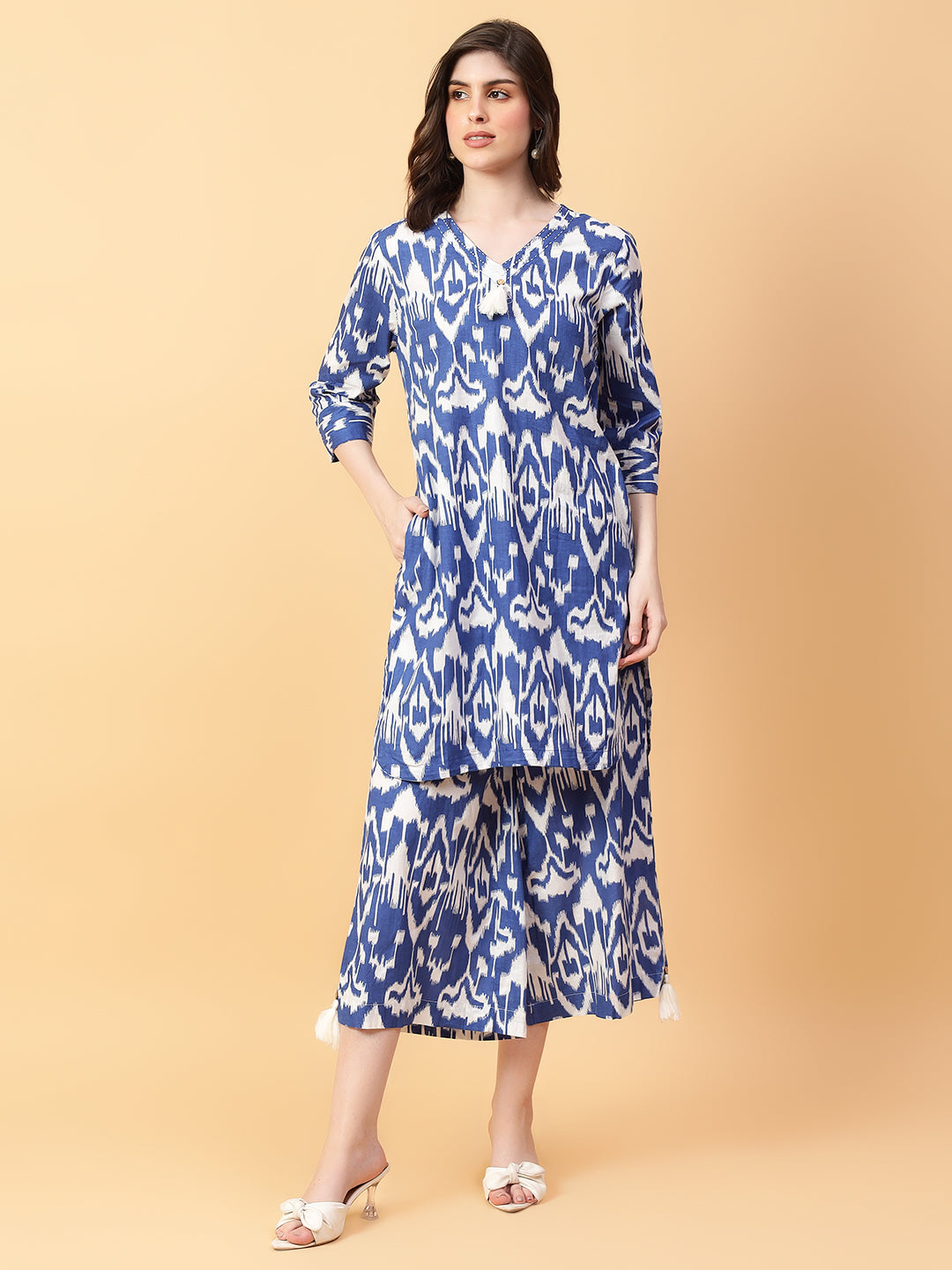Blue Cotton Printed & Hand Work Co-Ord Set (Set of 2)