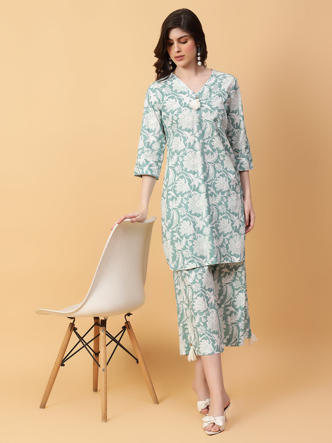 Green Cotton Printed & Hand Work Co-Ord Set (Set of 2)