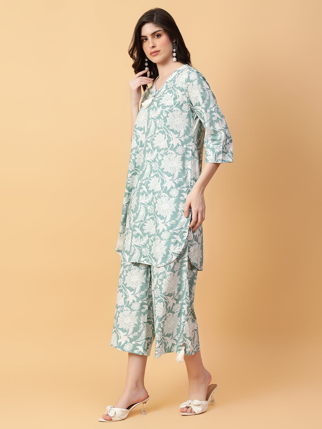 Green Cotton Printed & Hand Work Co-Ord Set (Set of 2)