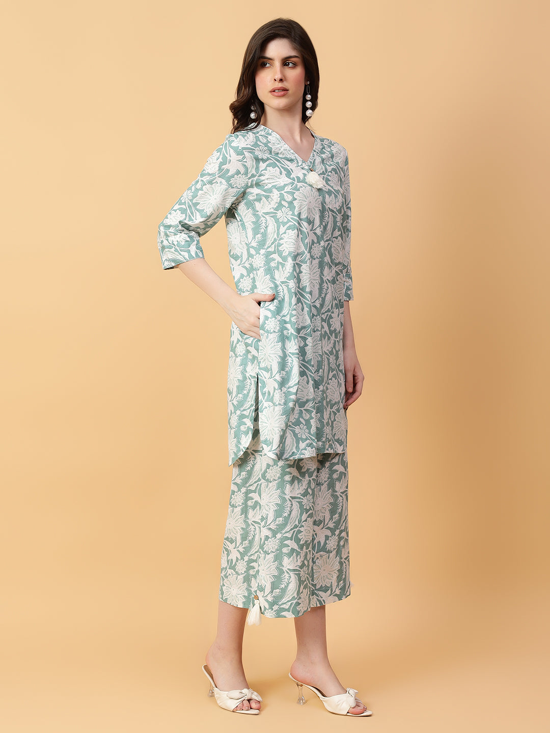 Green Cotton Printed & Hand Work Co-Ord Set (Set of 2)