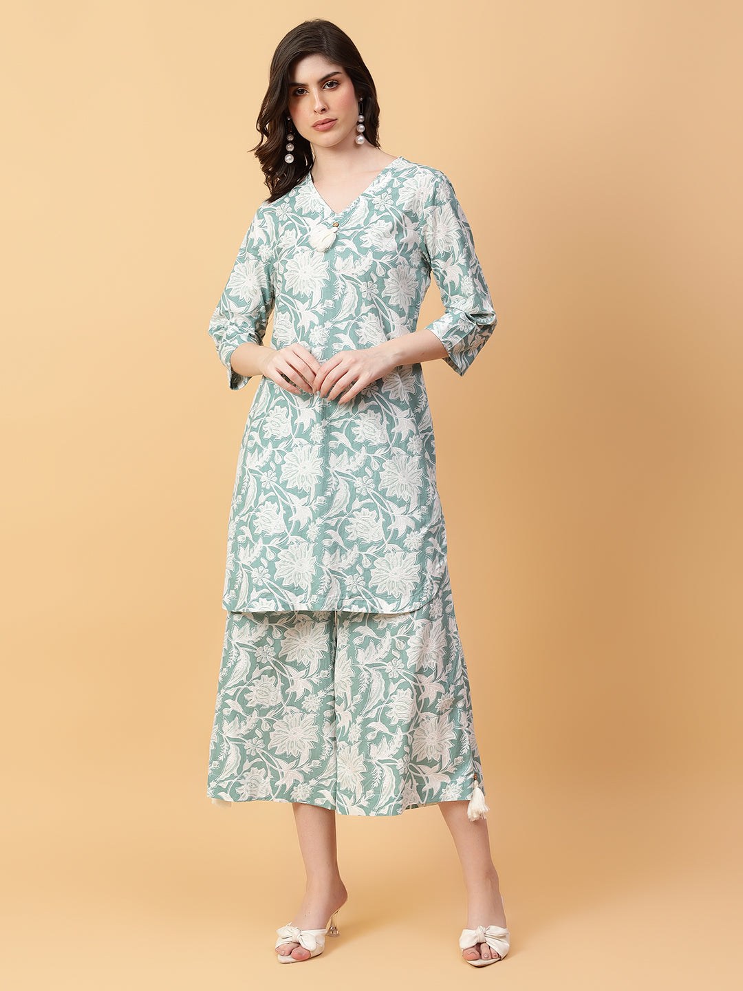 Green Cotton Printed & Hand Work Co-Ord Set (Set of 2)