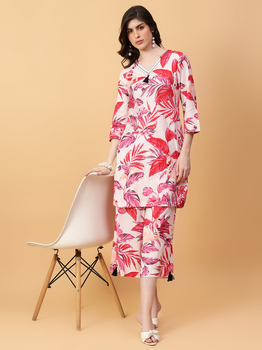 Red Cotton Printed & Hand Work Co-ord Set (Set of 2)
