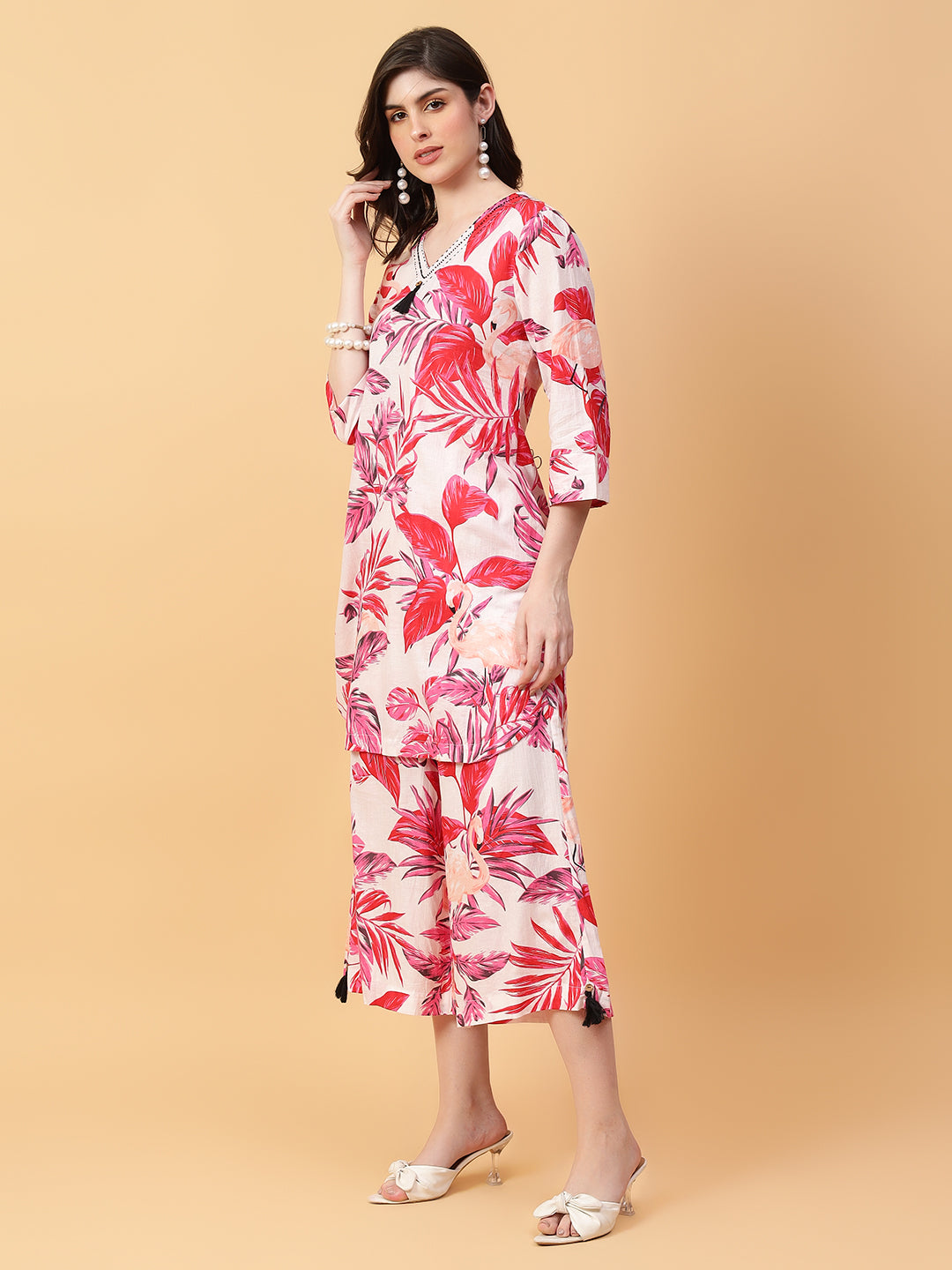 Red Cotton Printed & Hand Work Co-ord Set (Set of 2)