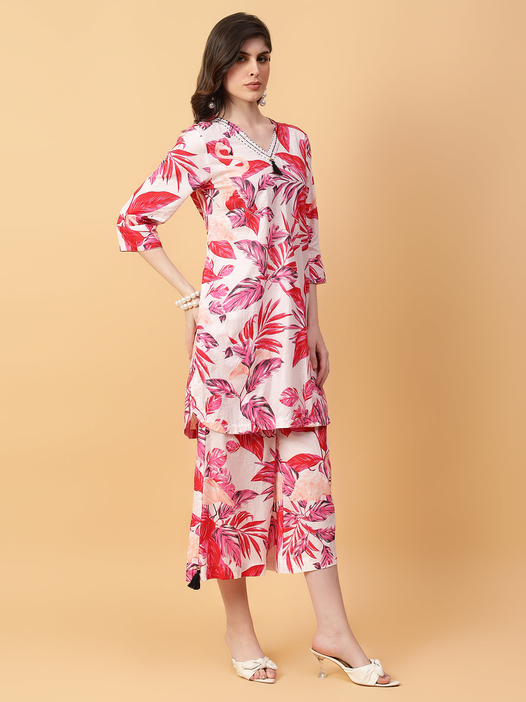 Red Cotton Printed & Hand Work Co-ord Set (Set of 2)