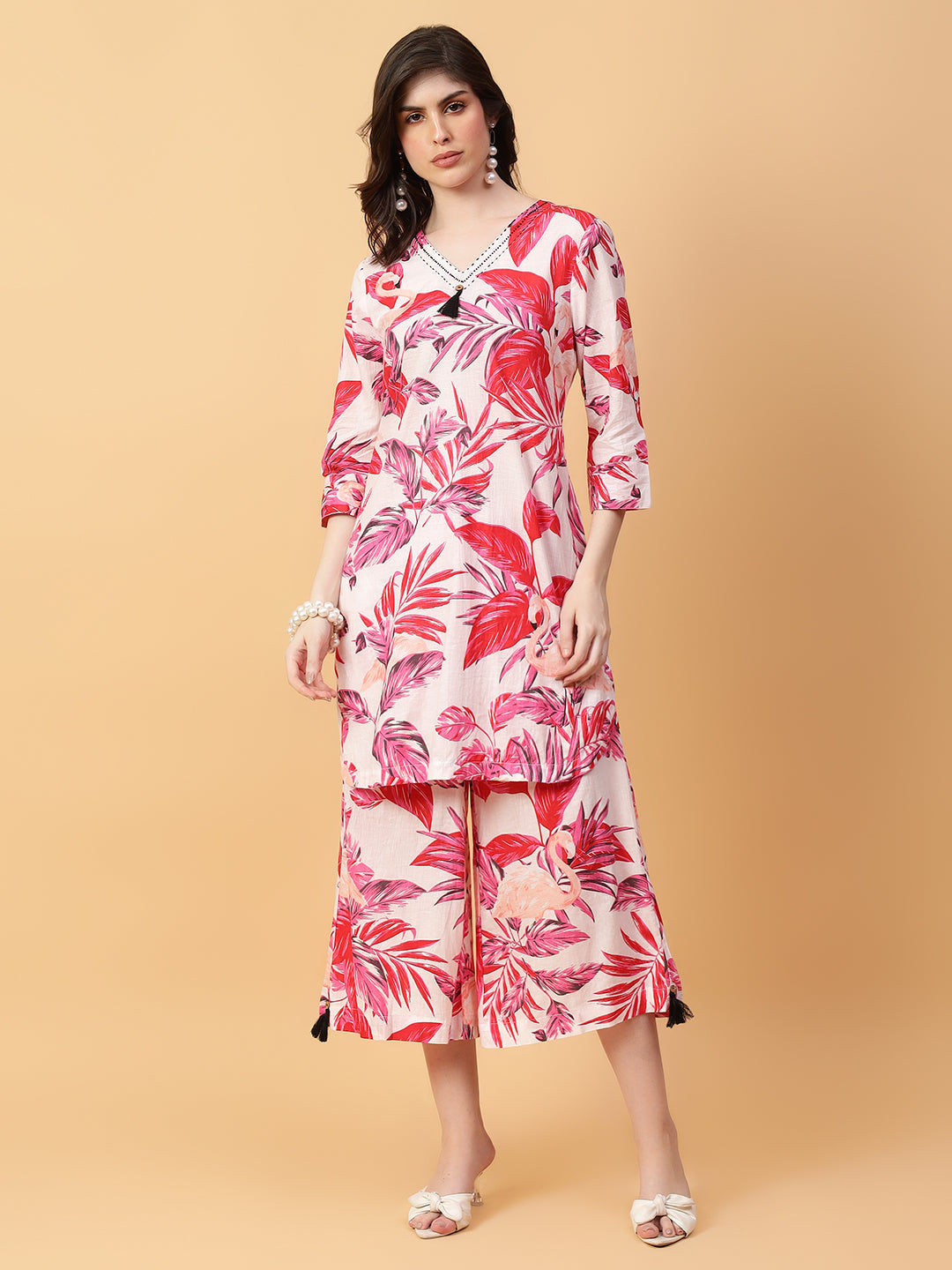 Red Cotton Printed & Hand Work Co-ord Set (Set of 2)