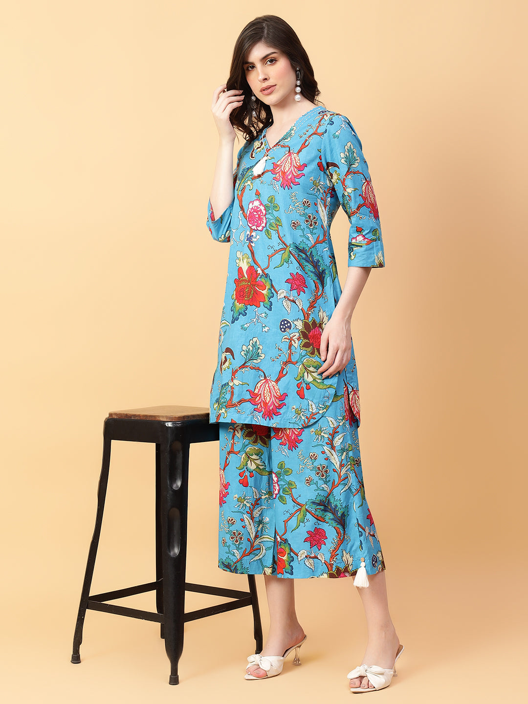 Blue Cotton Printed & Hand Work Co-ord Set (Set of 2)