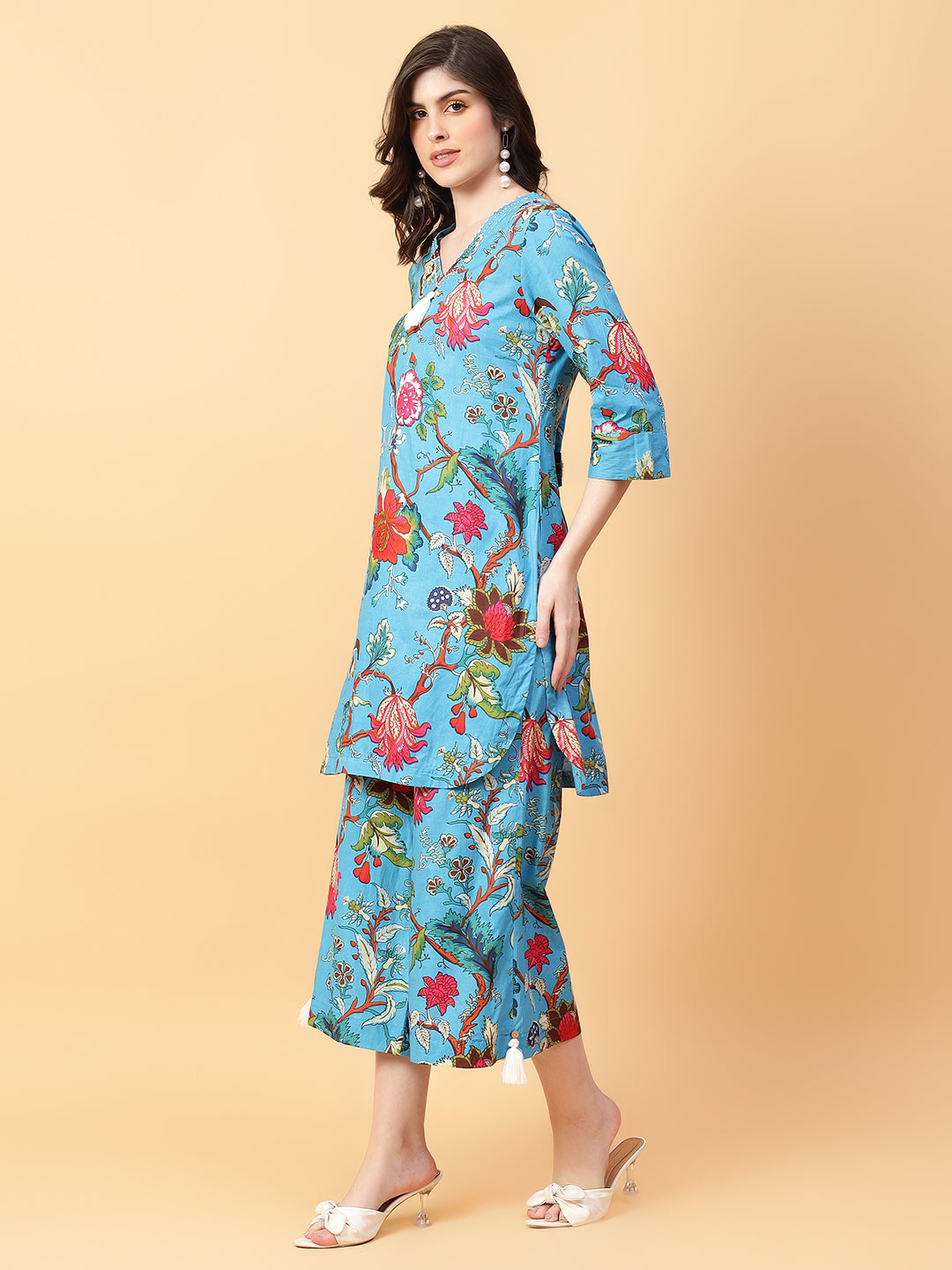 Blue Cotton Printed & Hand Work Co-ord Set (Set of 2)