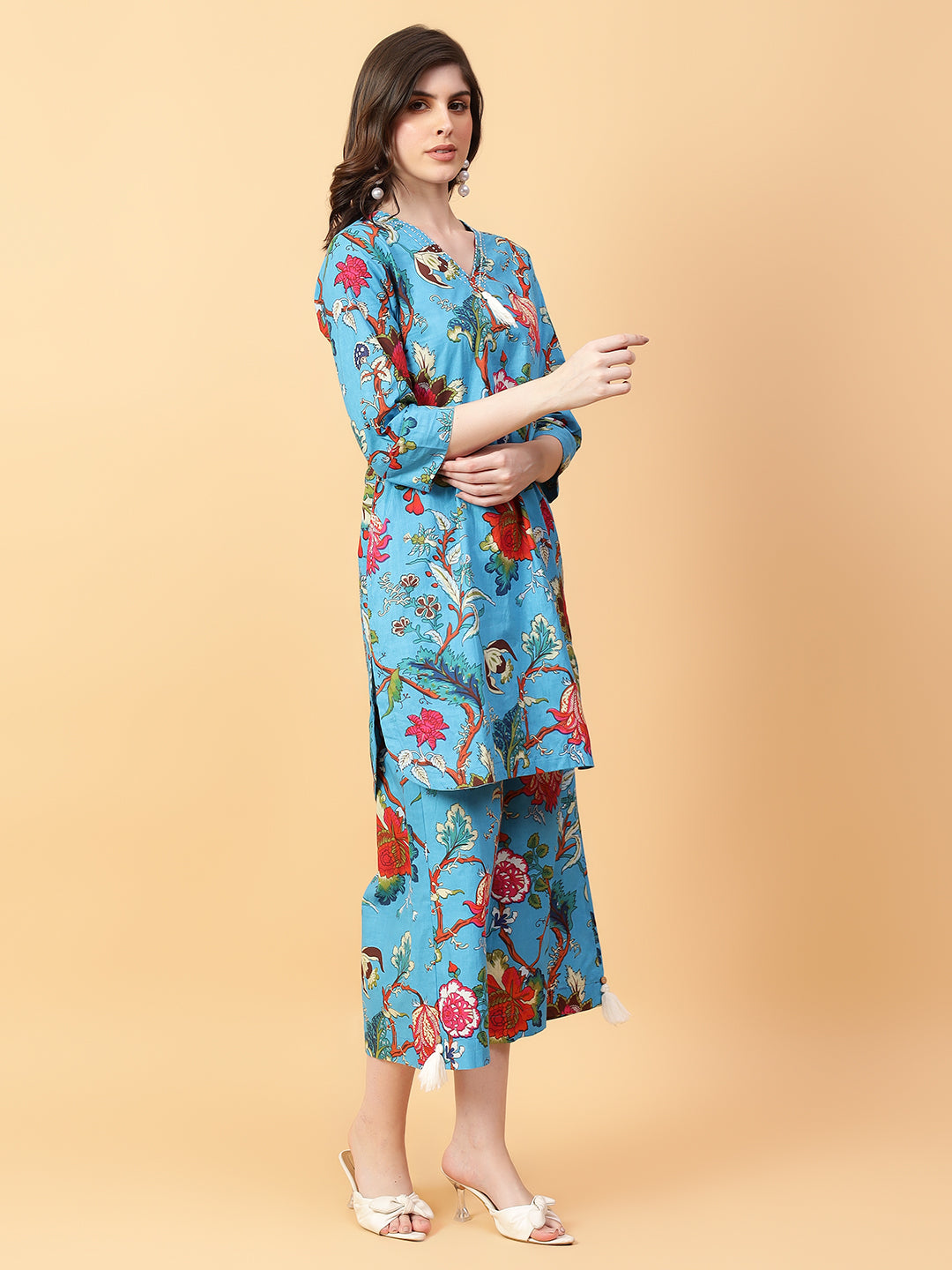 Blue Cotton Printed & Hand Work Co-ord Set (Set of 2)