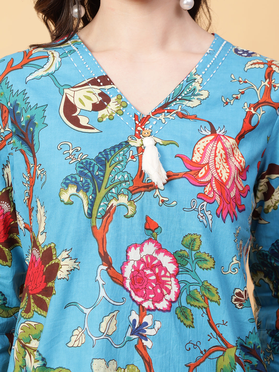 Blue Cotton Printed & Hand Work Co-ord Set (Set of 2)