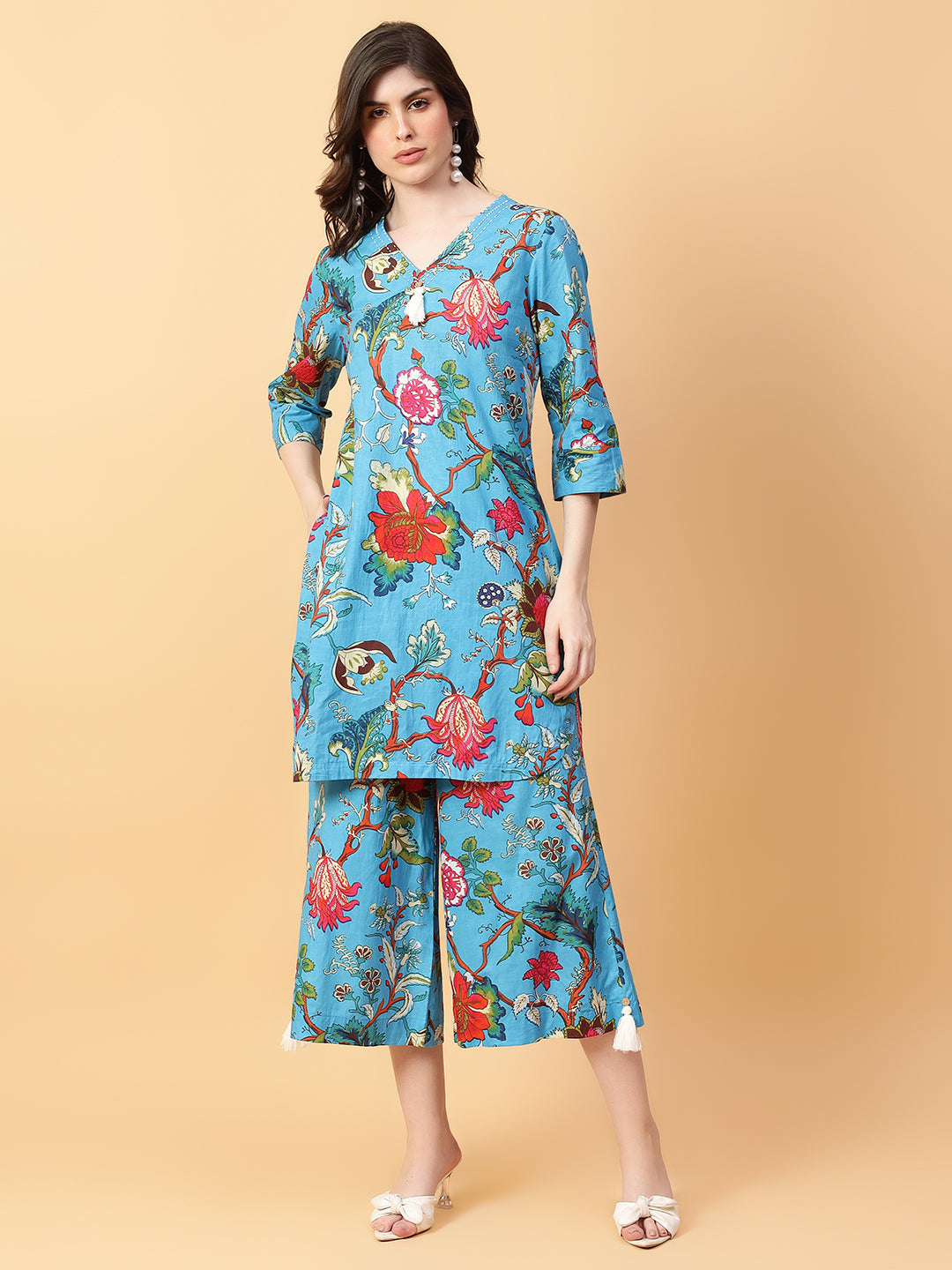 Blue Cotton Printed & Hand Work Co-ord Set (Set of 2)