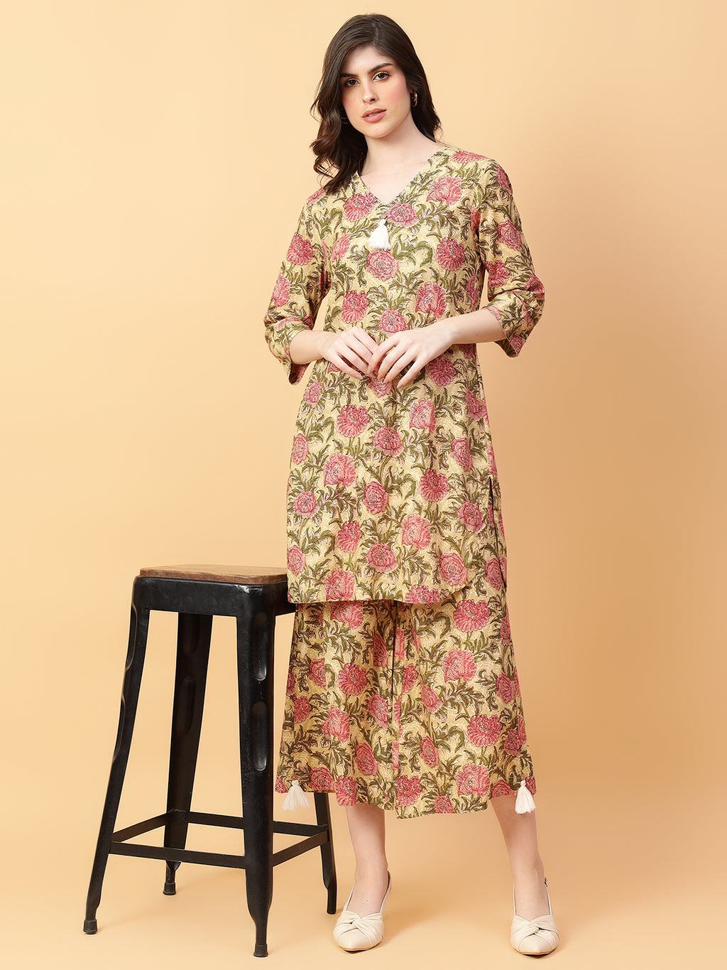 Beige Cotton Printed & Hand Work Co-ord Set (Set of 2)